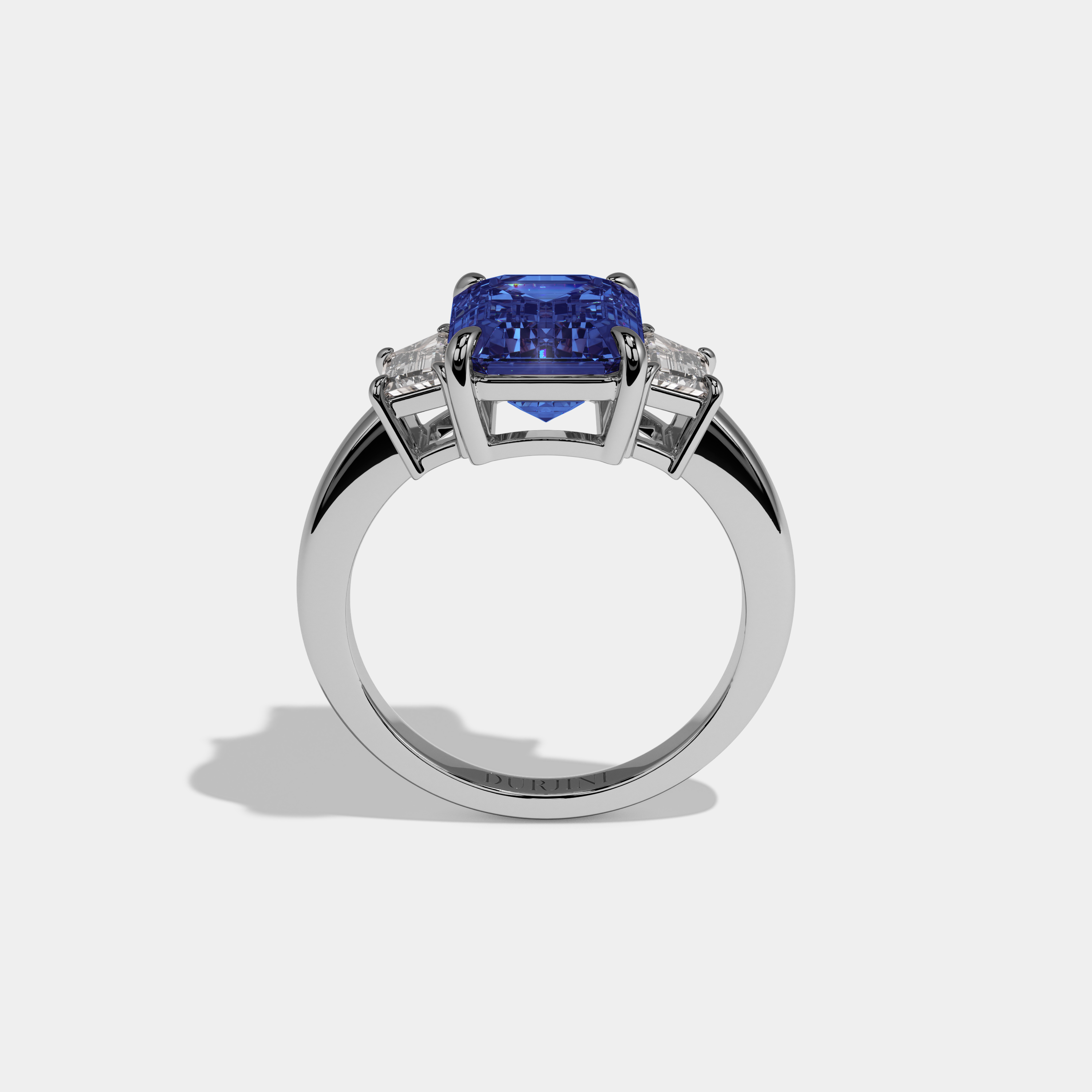 Mary Fancy Dark Blue Emerald Cut Diamond Plain Band With Step Cut Sides Engagement Ring 8ct 18k White Gold