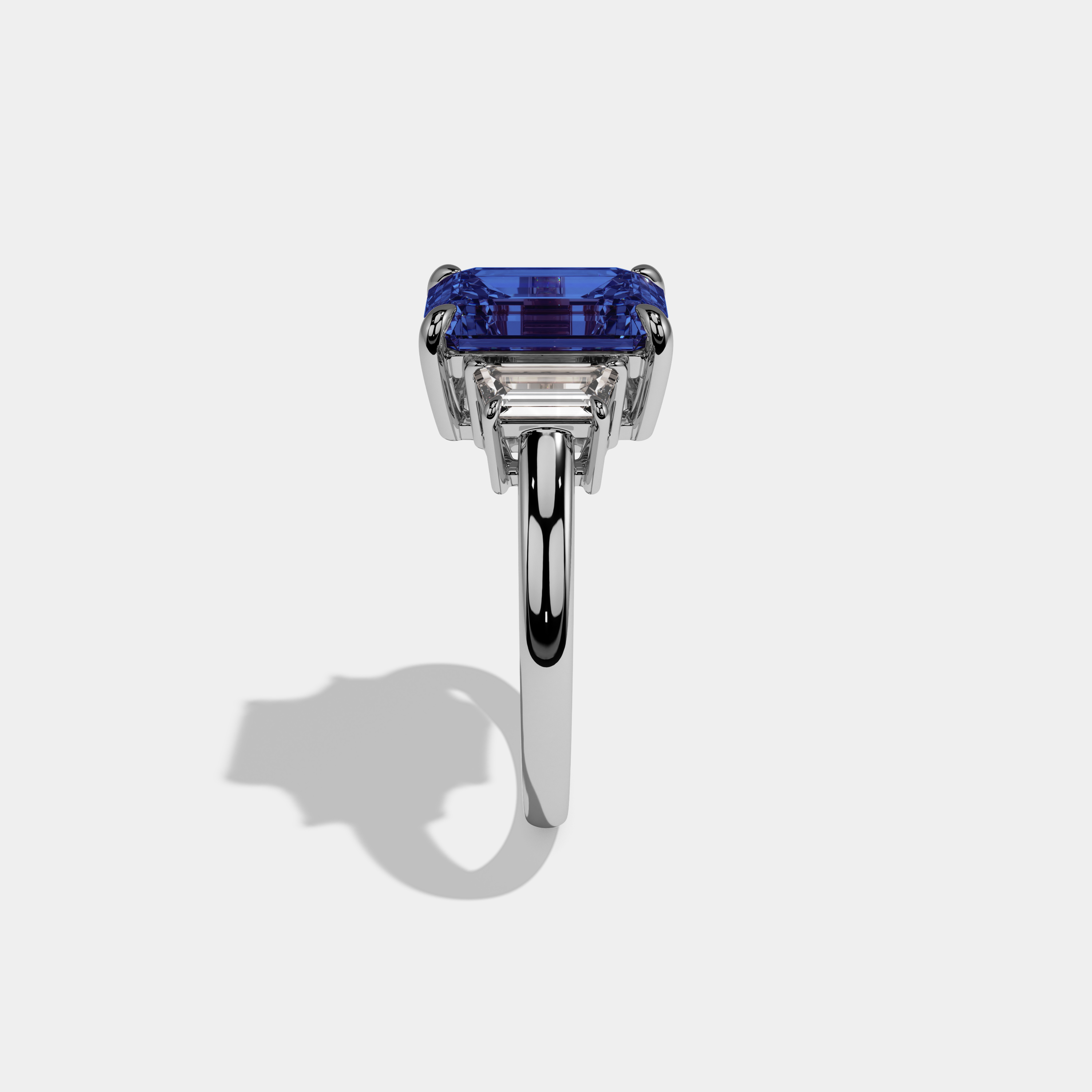 Mary Fancy Dark Blue Emerald Cut Diamond Plain Band With Step Cut Sides Engagement Ring 8ct 18k White Gold