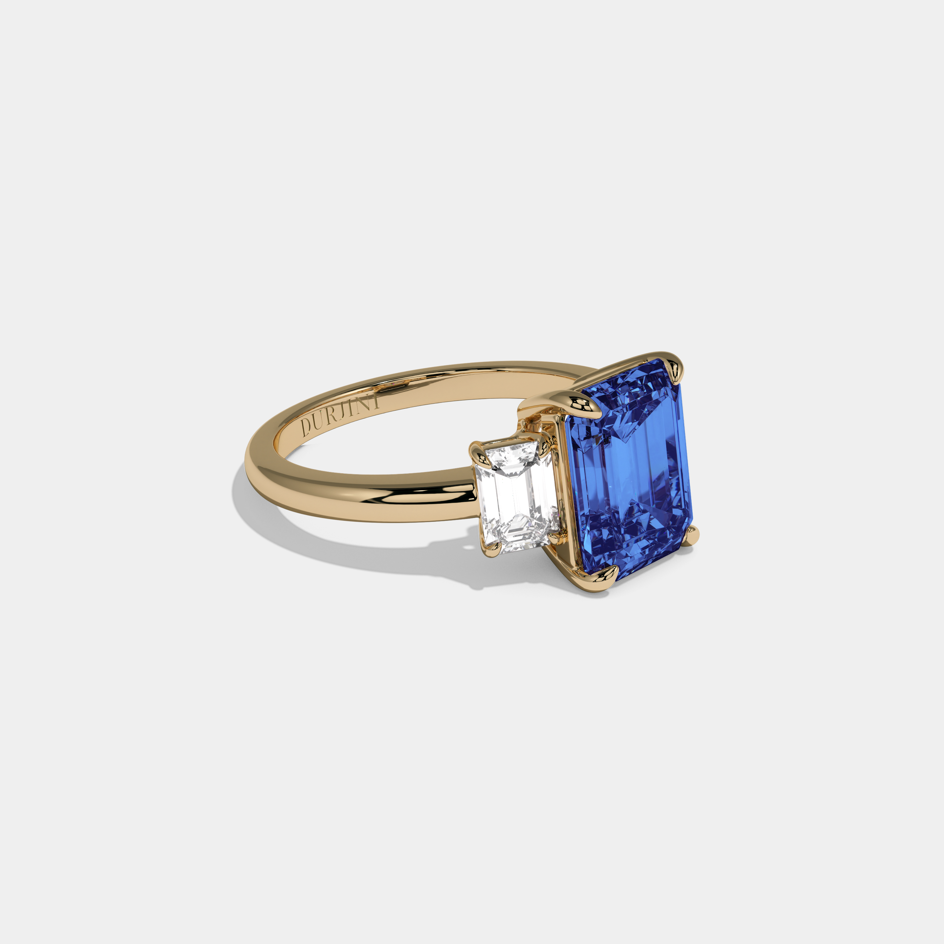Anne Fancy Dark Blue Emerald Cut Diamond Plain Band With Emerald Cut Sides Engagement Ring 8ct 18k Yellow Gold