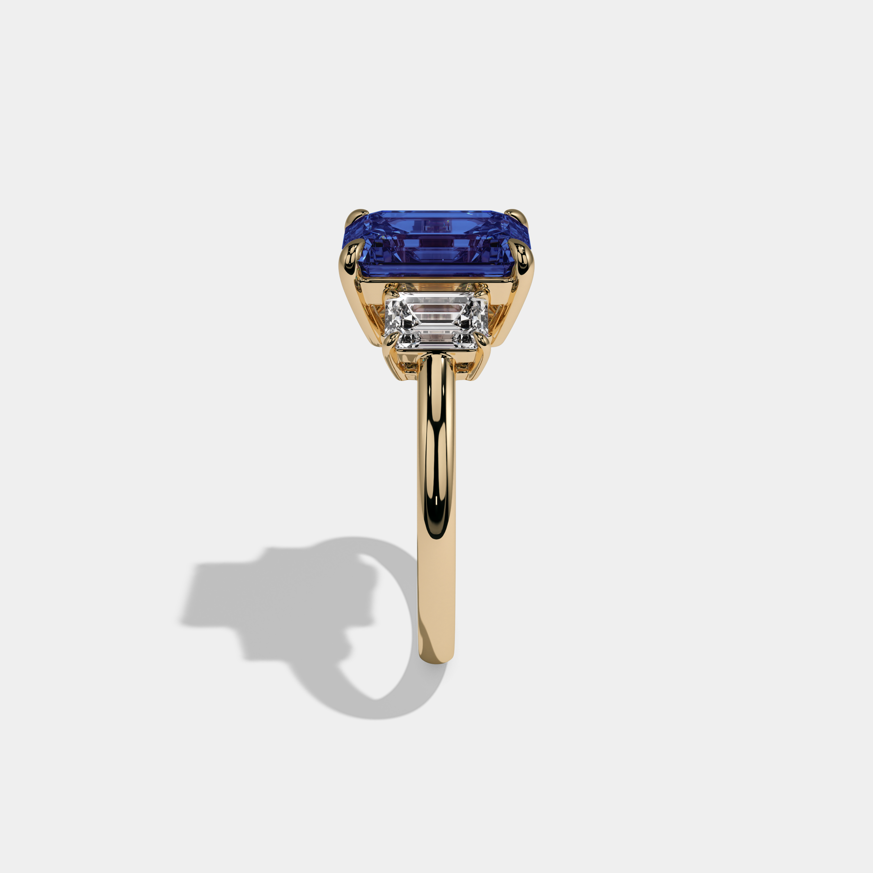 Anne Fancy Dark Blue Emerald Cut Diamond Plain Band With Emerald Cut Sides Engagement Ring 8ct 18k Yellow Gold