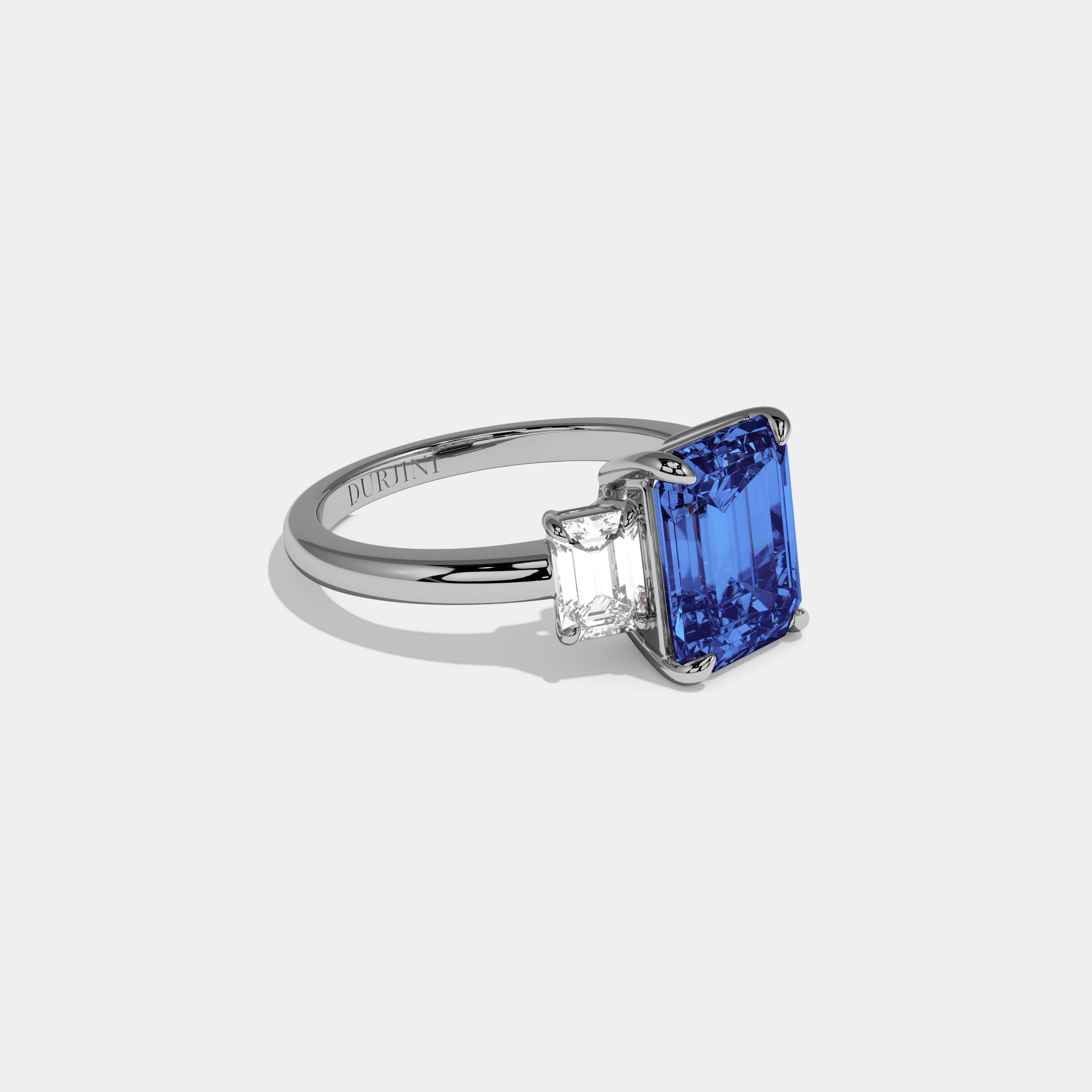 Mary Fancy Dark Blue Emerald Cut Diamond Plain Band With Emerald Cut Sides Engagement Ring 8ct 18k White Gold