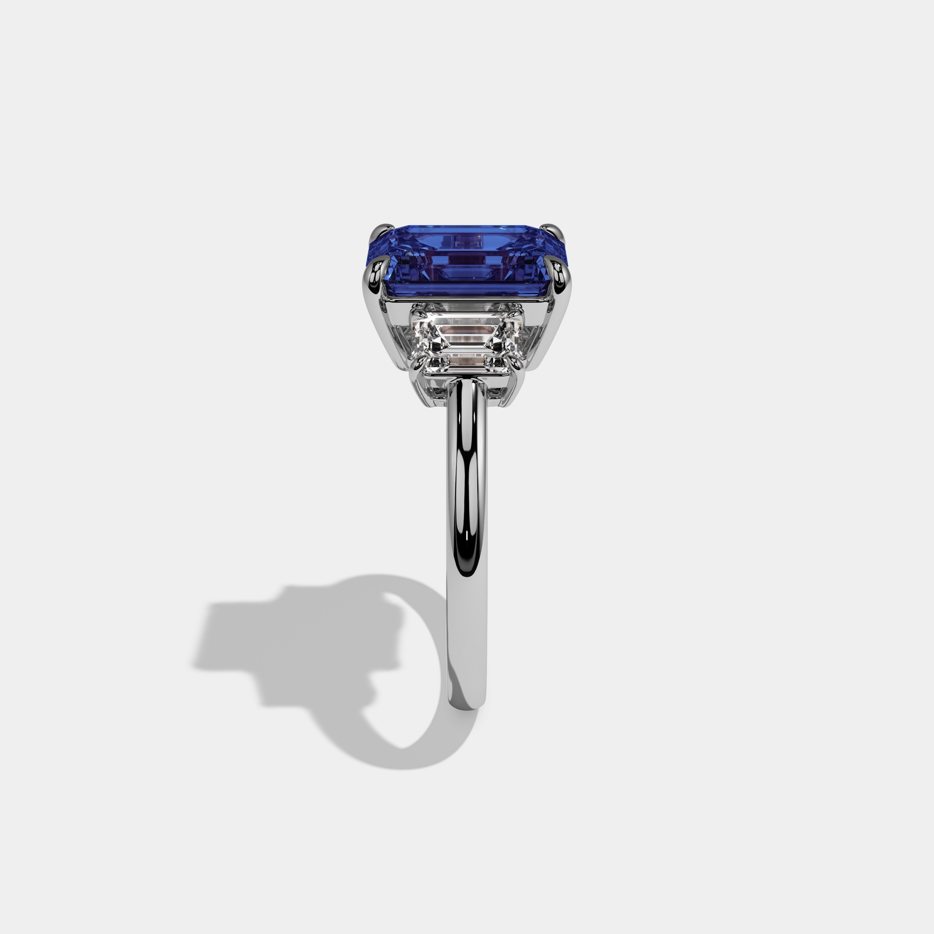 Mary Fancy Dark Blue Emerald Cut Diamond Plain Band With Emerald Cut Sides Engagement Ring 8ct 18k White Gold