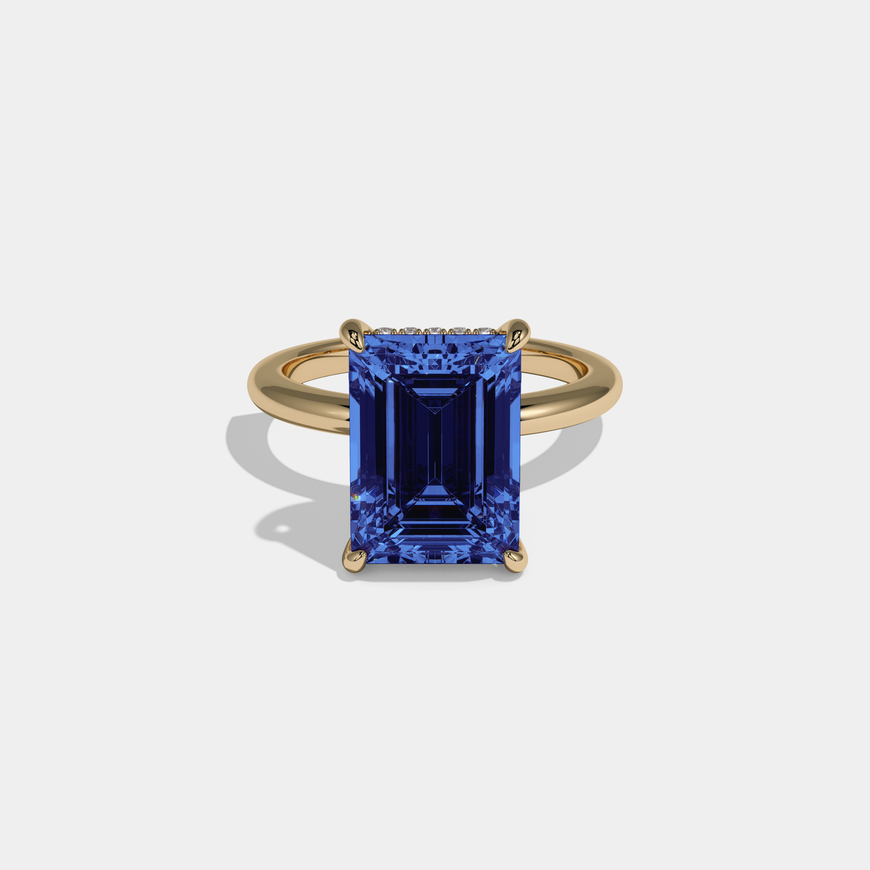 Augusta Fancy Dark Blue Emerald Cut Diamond Plain Band Engagement Ring 6.5ct 18K Yellow Gold