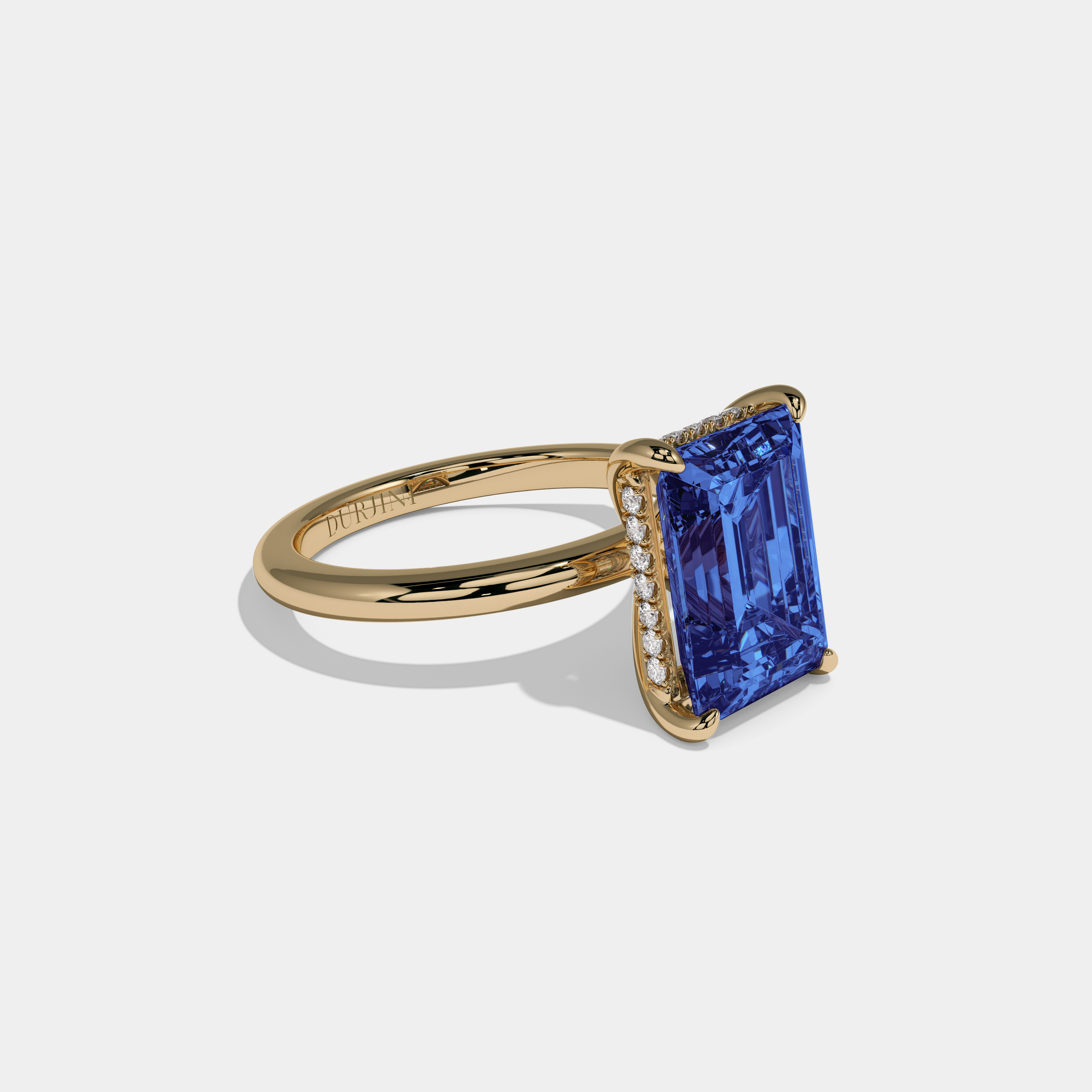 Augusta Fancy Dark Blue Emerald Cut Diamond Plain Band Engagement Ring 6.5ct 18K Yellow Gold