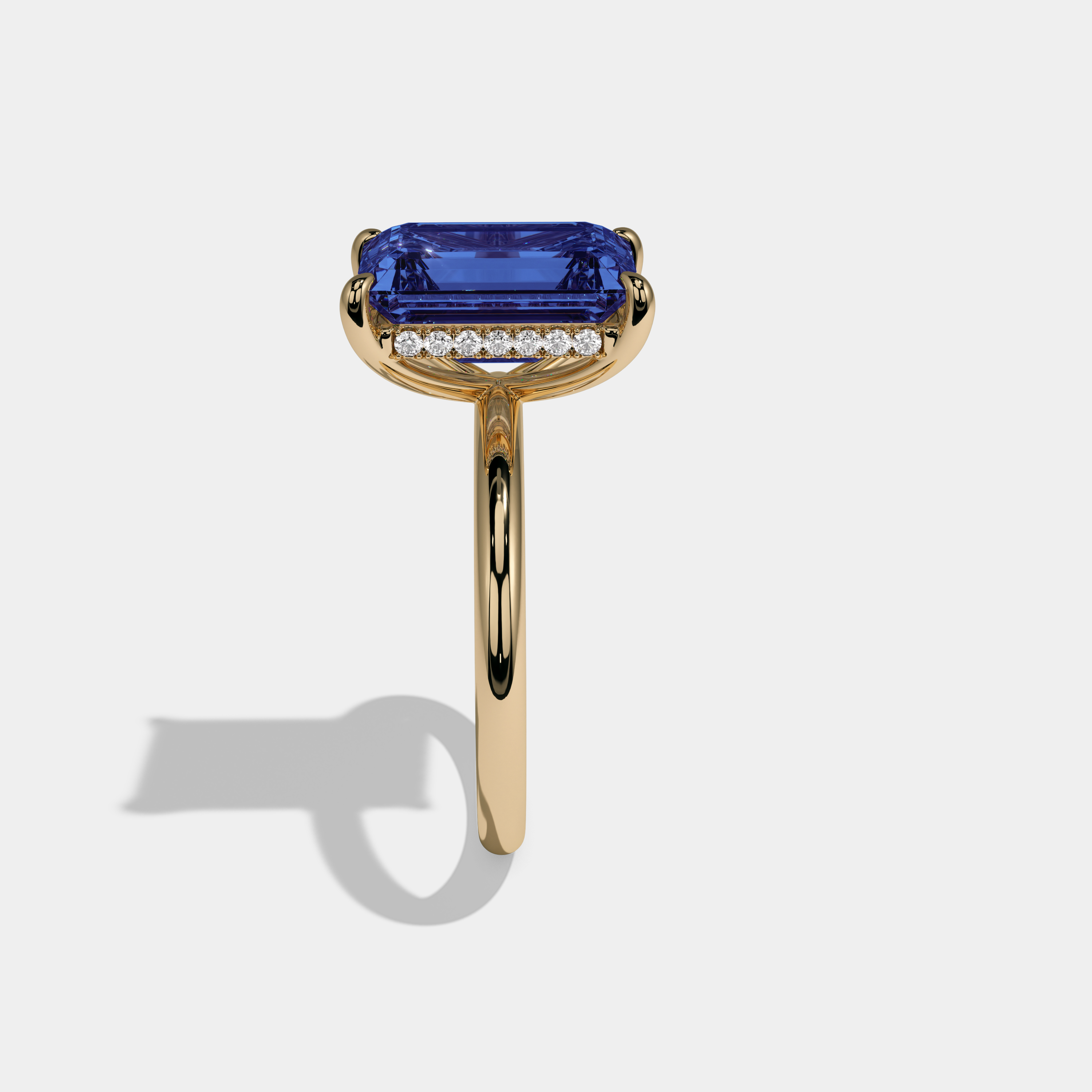 Augusta Fancy Dark Blue Emerald Cut Diamond Plain Band Engagement Ring 6.5ct 18K Yellow Gold