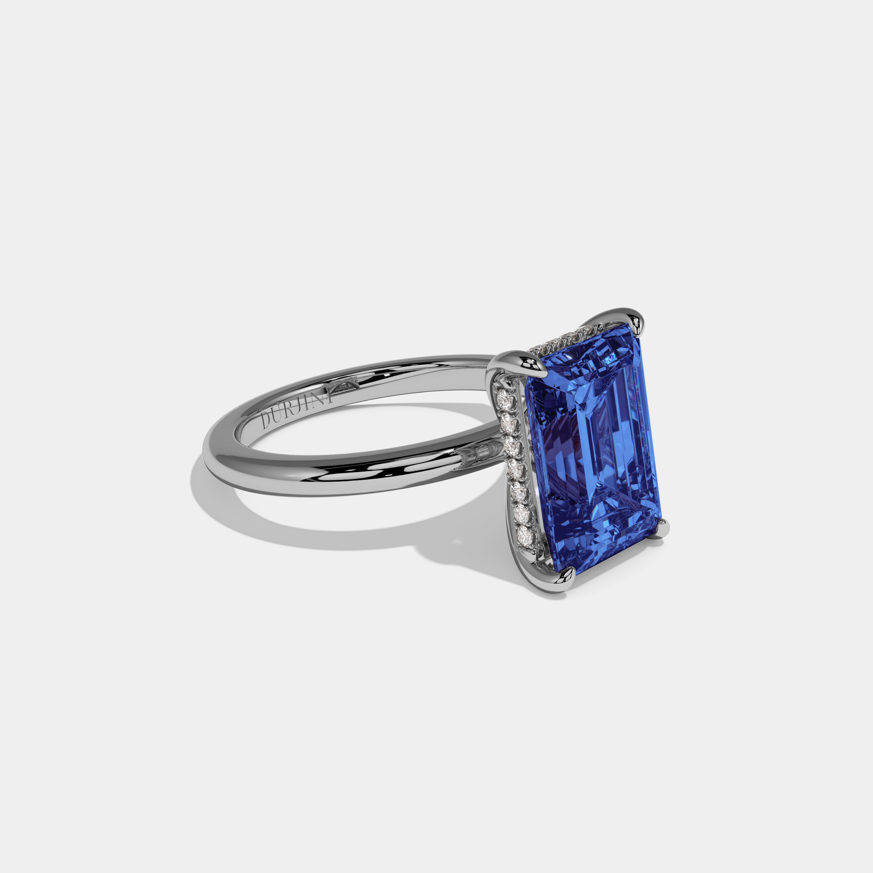 Louise Fancy Dark Blue Emerald Cut Diamond Plain Band Engagement Ring 6.5ct 18K White Gold