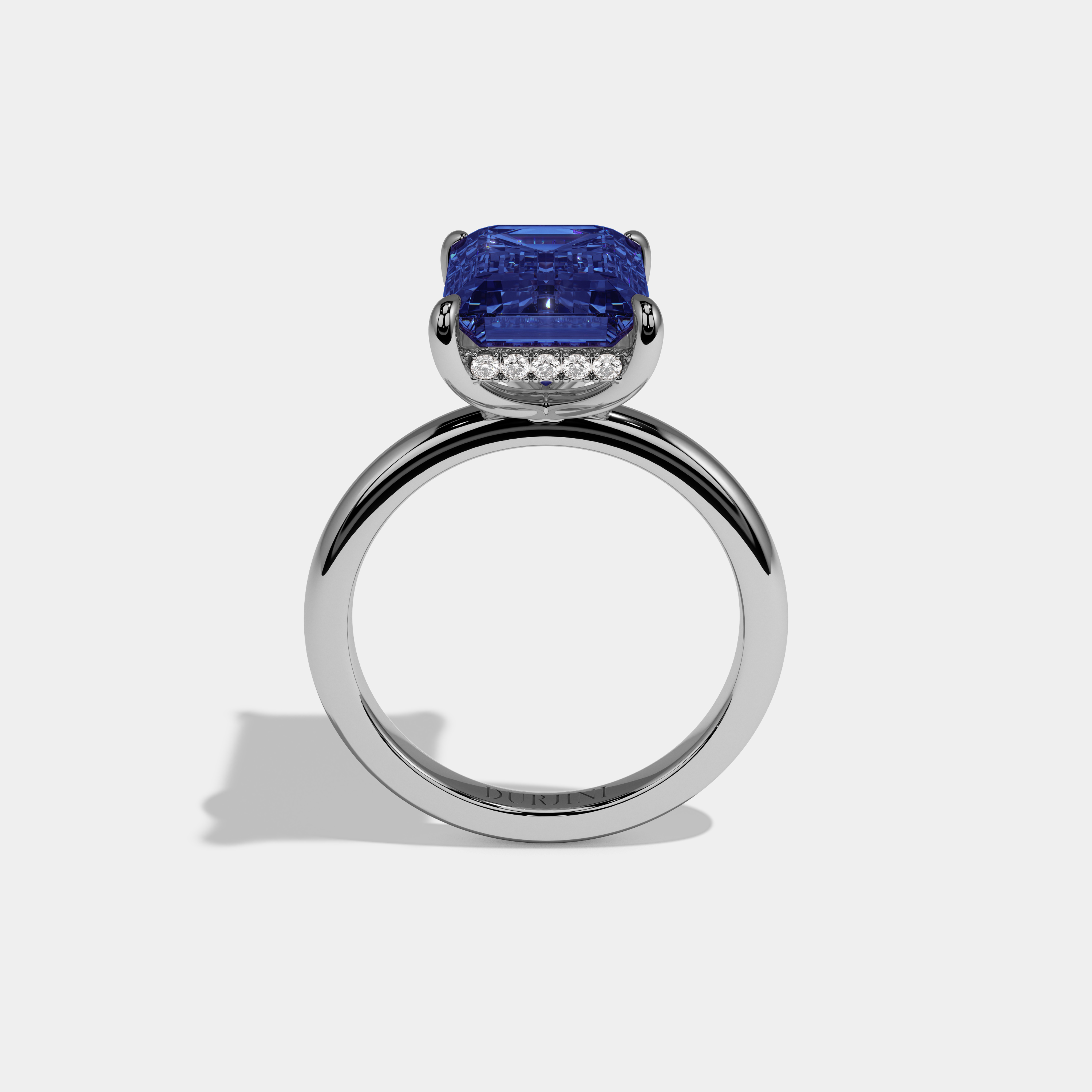 Louise Fancy Dark Blue Emerald Cut Diamond Plain Band Engagement Ring 6.5ct 18K White Gold