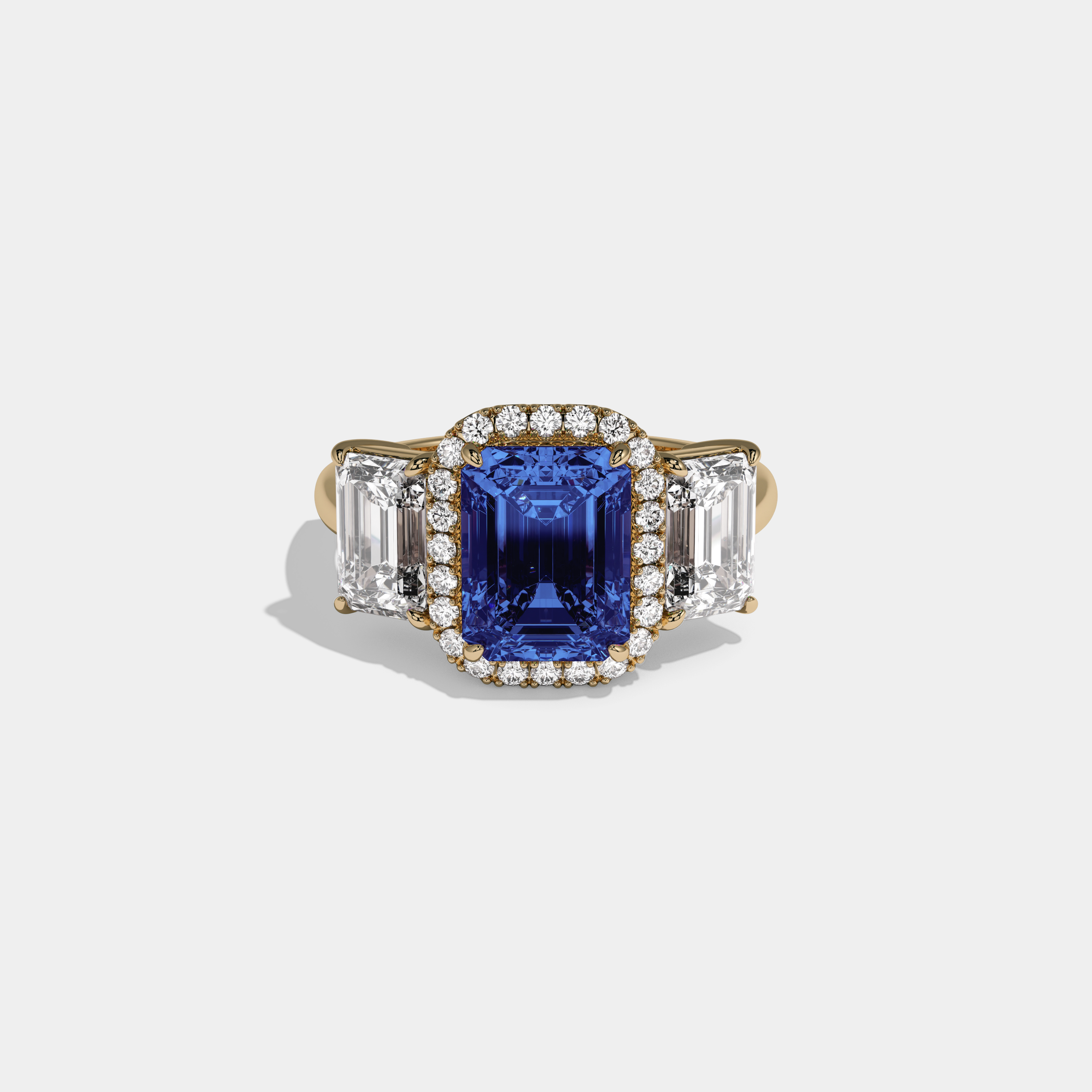 Mary Fancy Dark Blue Emerald Cut Diamond Plain Band With Emerald Cut Sides Engagement Ring 8ct 18K Yellow Gold
