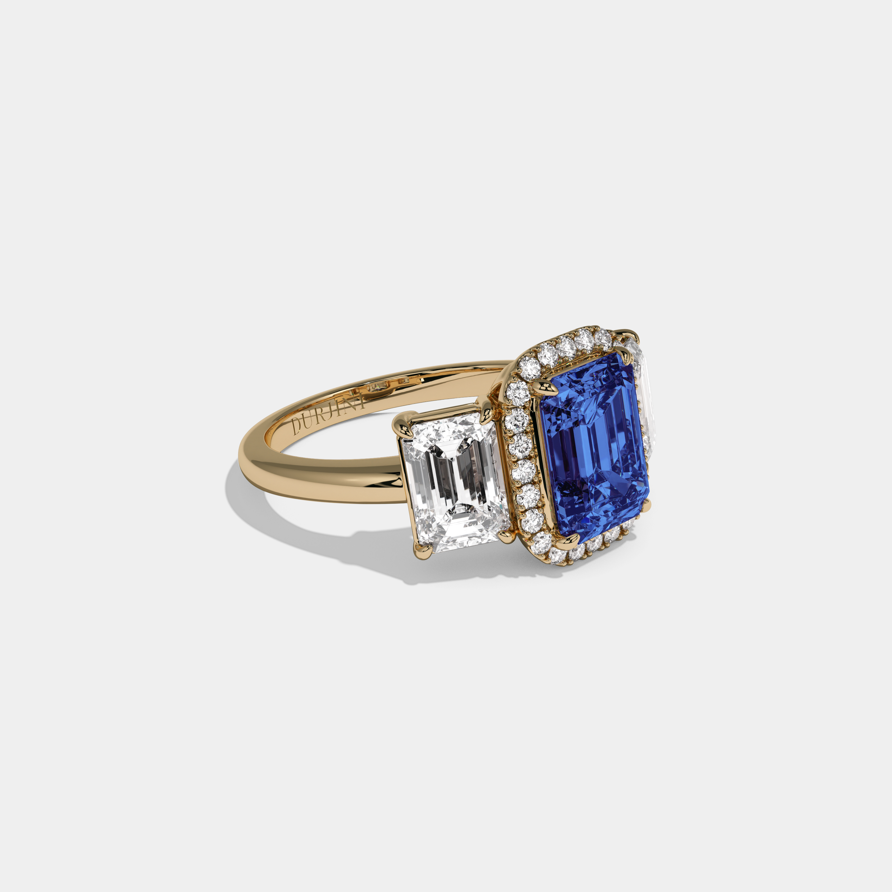 Mary Fancy Dark Blue Emerald Cut Diamond Plain Band With Emerald Cut Sides Engagement Ring 8ct 18K Yellow Gold