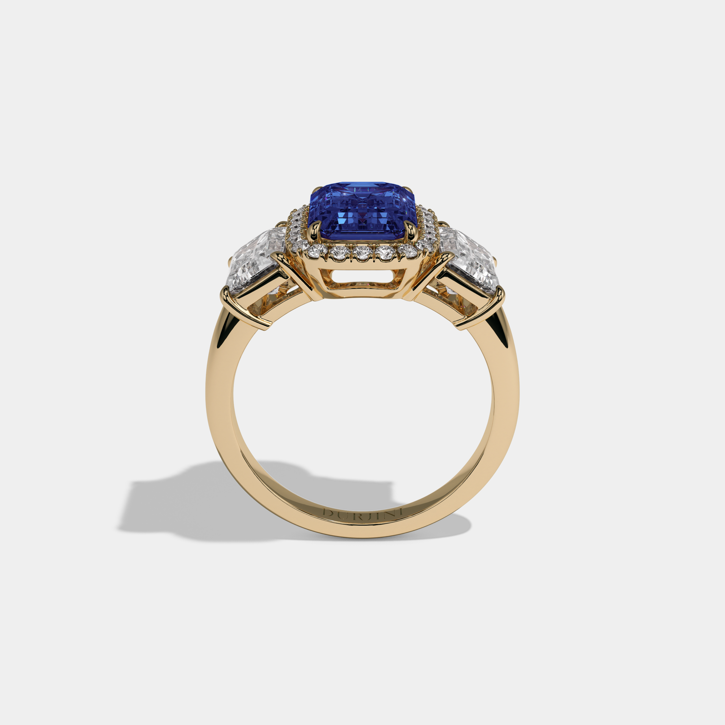 Mary Fancy Dark Blue Emerald Cut Diamond Plain Band With Emerald Cut Sides Engagement Ring 8ct 18K Yellow Gold