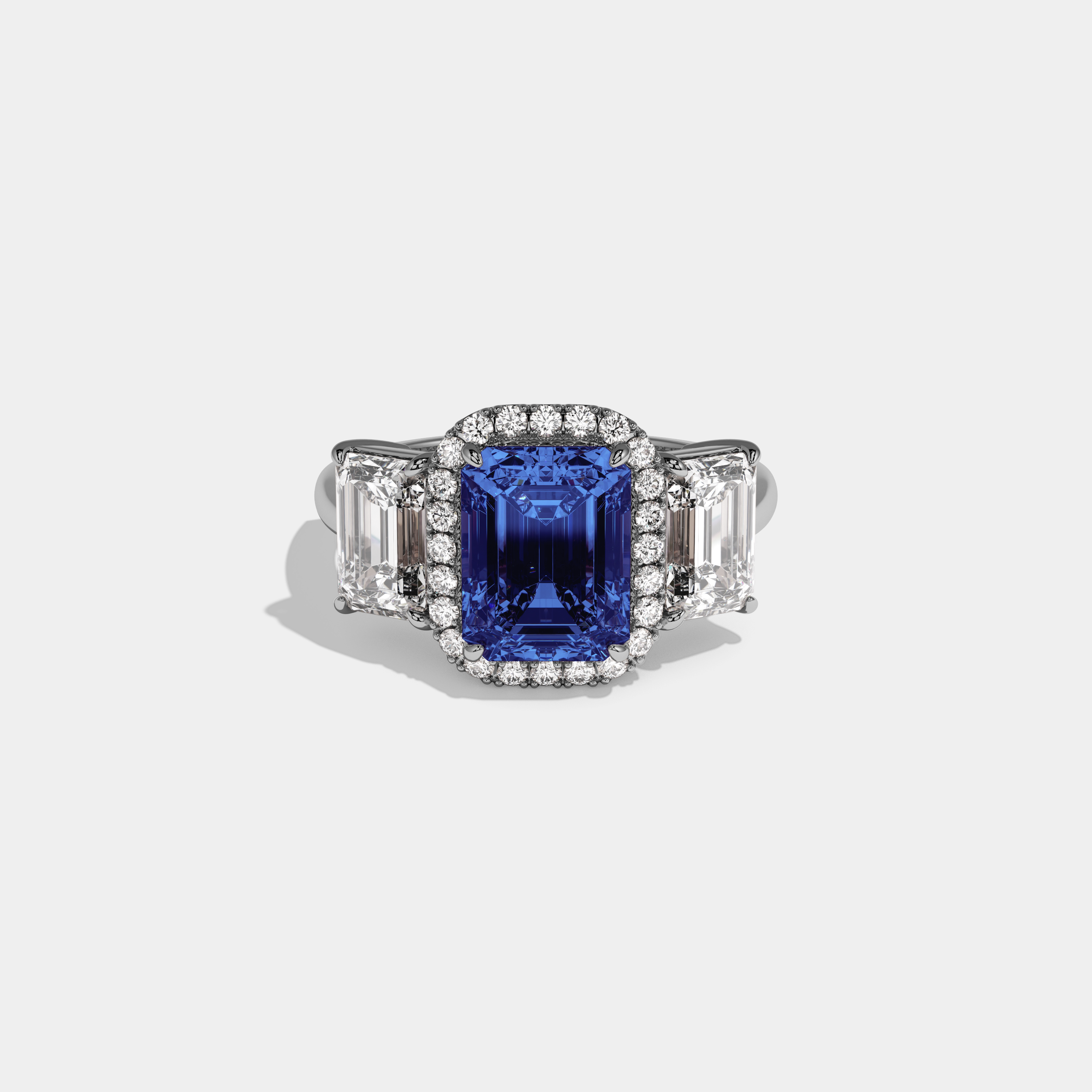 Matilda Fancy Dark Blue Emerald Cut Diamond Plain Band With Emerald Cut Sides Engagement Ring 8ct 18K White Gold