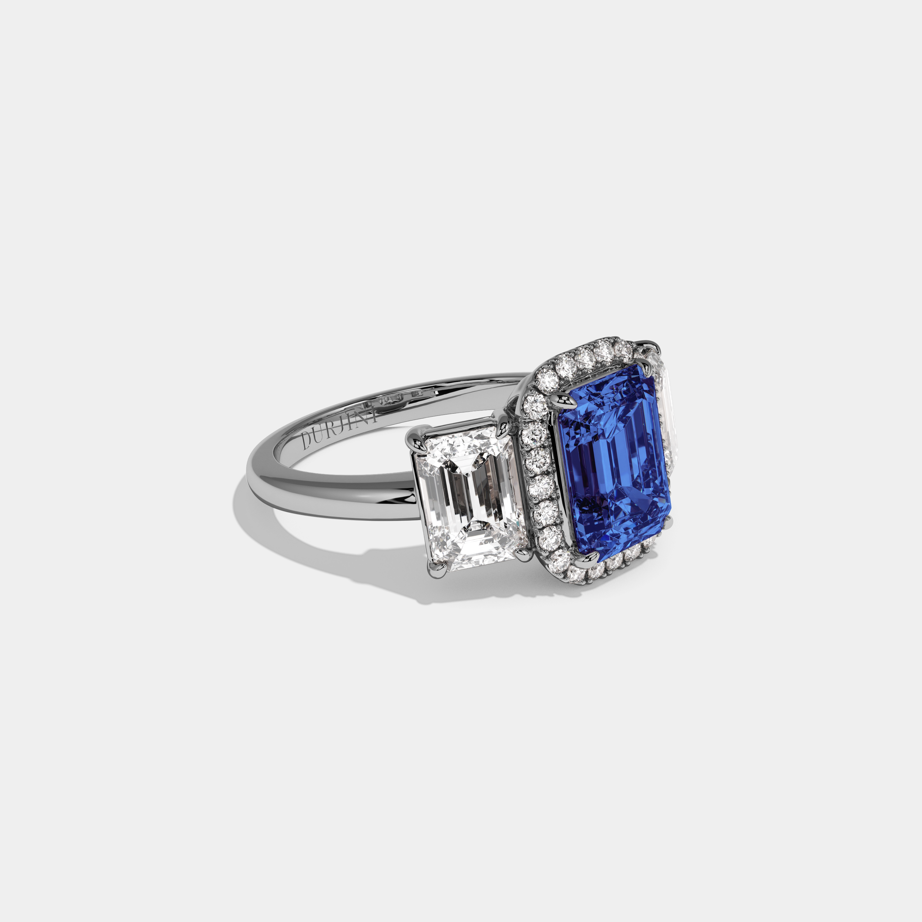 Matilda Fancy Dark Blue Emerald Cut Diamond Plain Band With Emerald Cut Sides Engagement Ring 8ct 18K White Gold