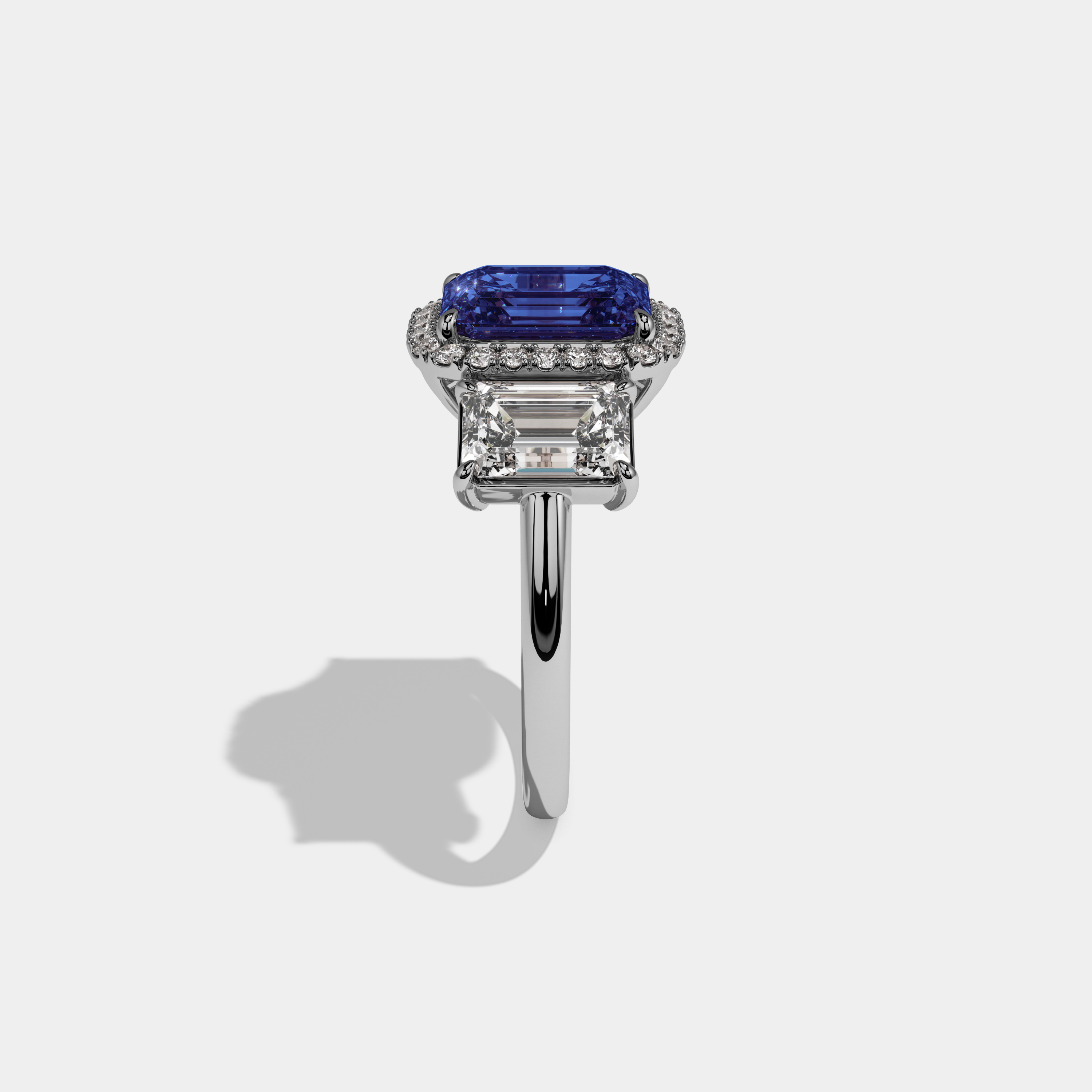 Matilda Fancy Dark Blue Emerald Cut Diamond Plain Band With Emerald Cut Sides Engagement Ring 8ct 18K White Gold