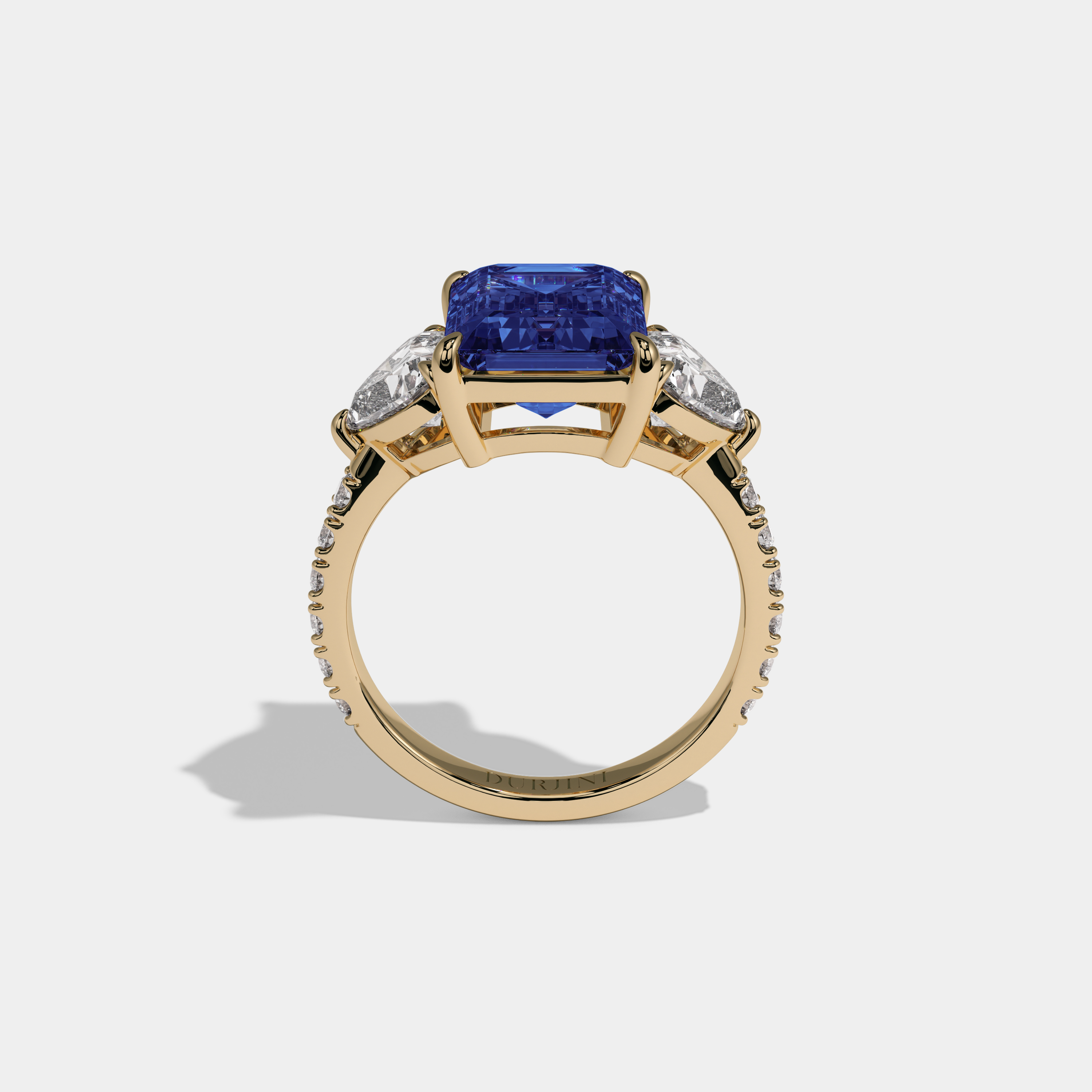 Mary Fancy Dark Blue Emerald Cut Diamond Band With Heart Cut Sides Engagement Ring 8ct 18K Yellow Gold