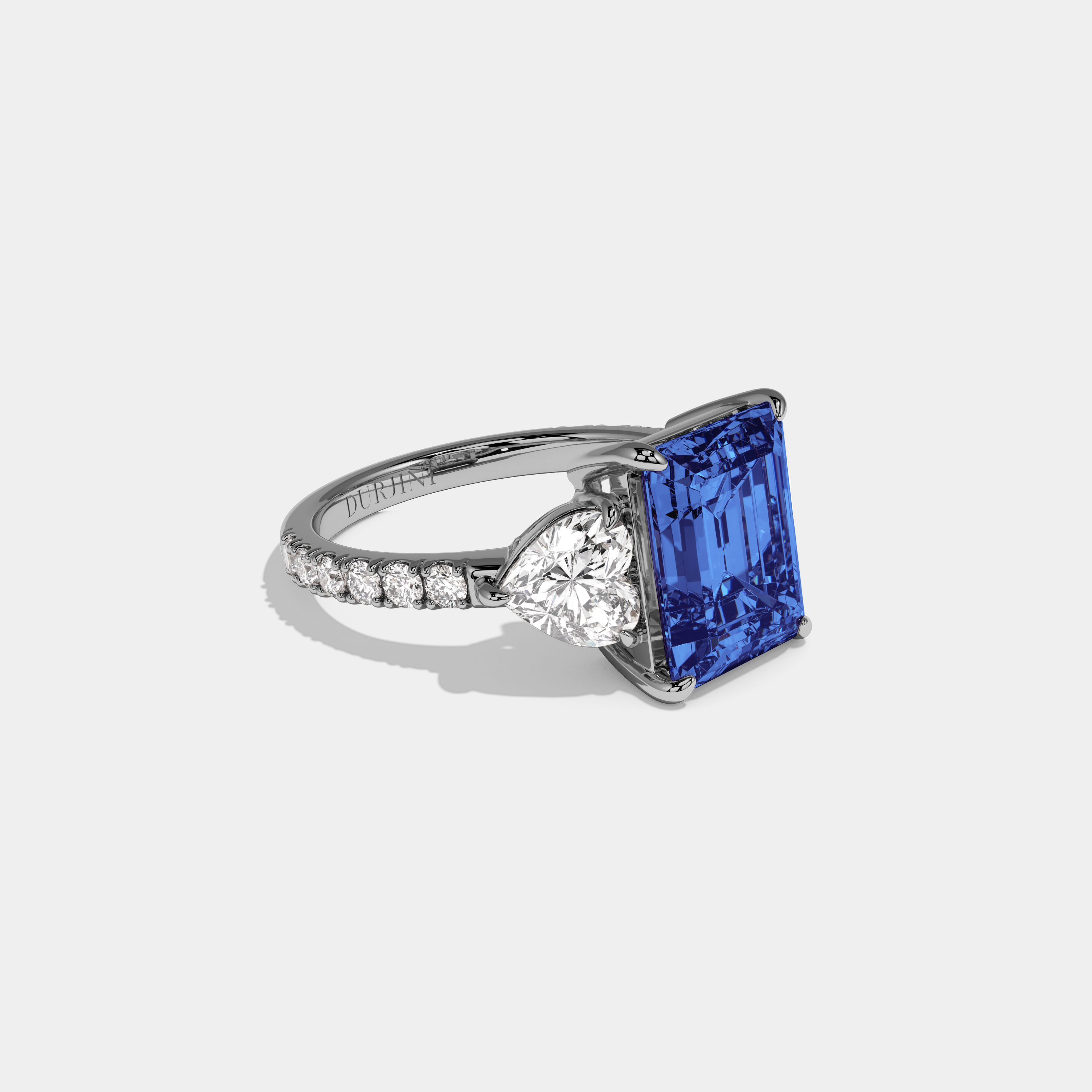 Sophia Fancy Dark Blue Emerald Cut Diamond Band With Heart Cut Sides Engagement Ring 8ct 18K White Gold