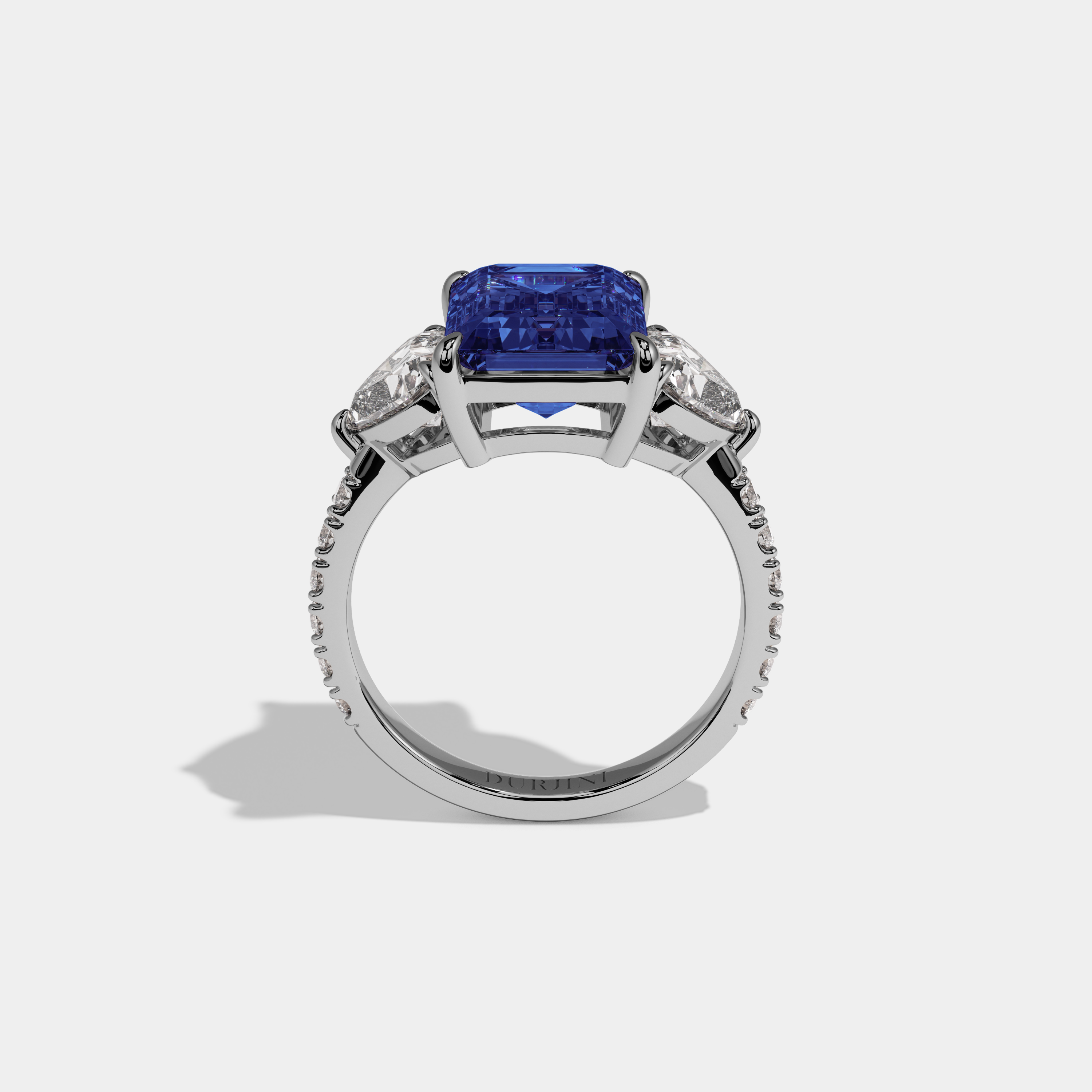 Sophia Fancy Dark Blue Emerald Cut Diamond Band With Heart Cut Sides Engagement Ring 8ct 18K White Gold
