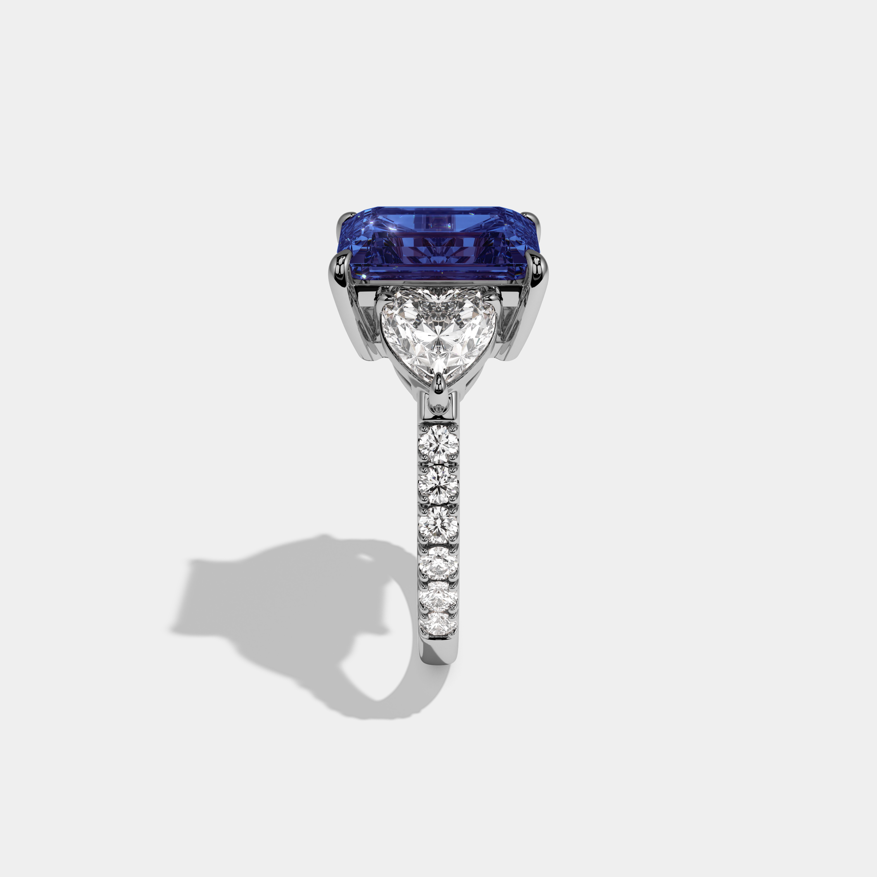 Sophia Fancy Dark Blue Emerald Cut Diamond Band With Heart Cut Sides Engagement Ring 8ct 18K White Gold