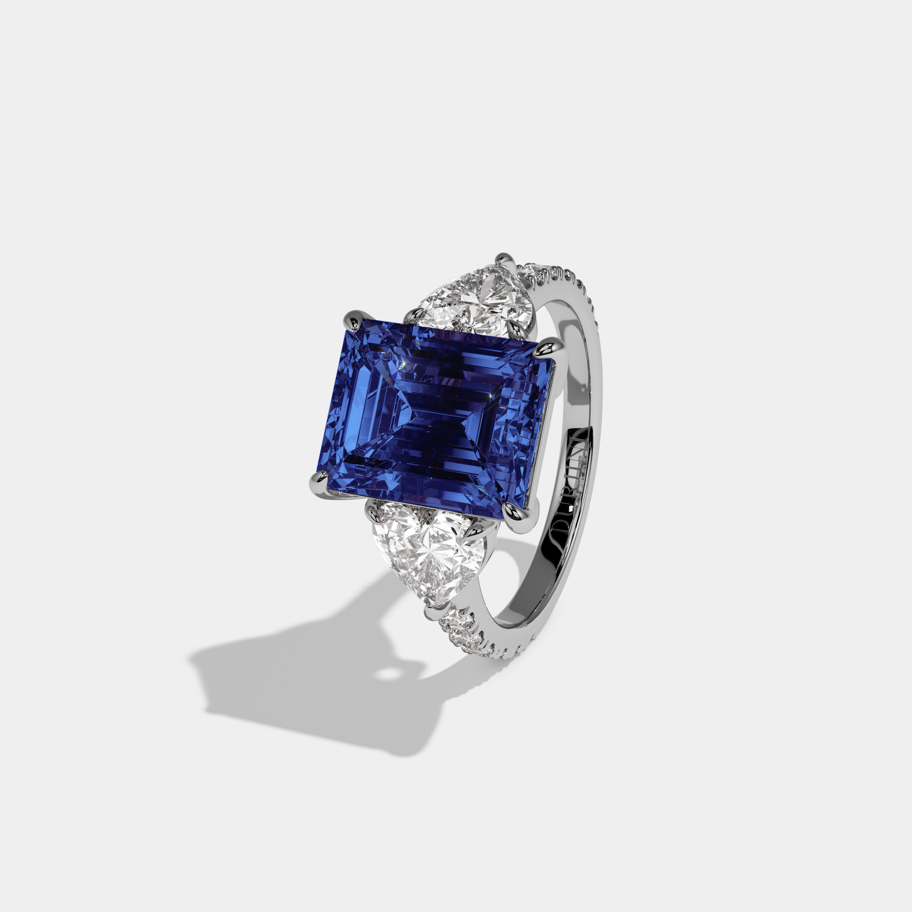 Sophia Fancy Dark Blue Emerald Cut Diamond Band With Heart Cut Sides Engagement Ring 8ct 18K White Gold