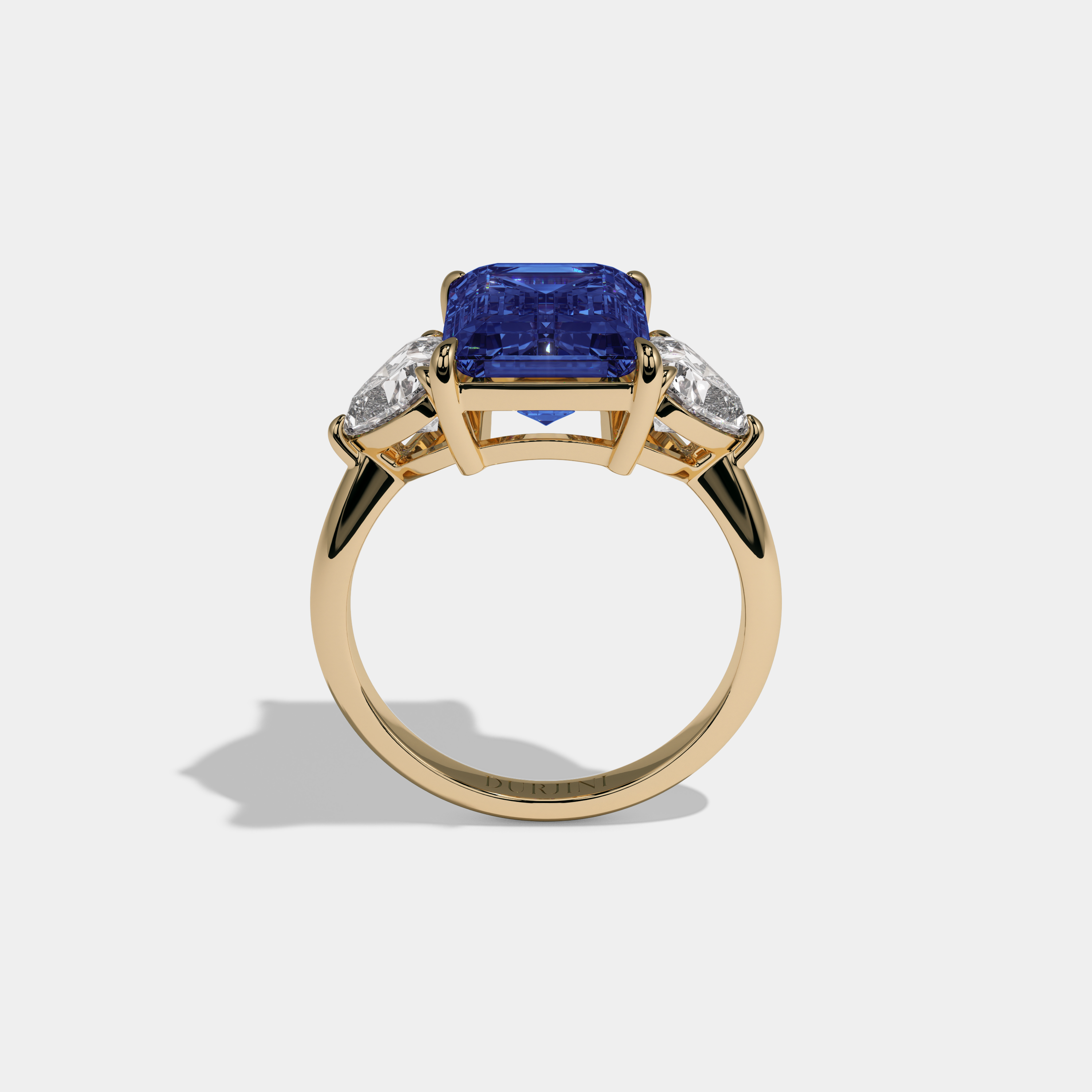 Mary Fancy Dark Blue Emerald Cut Diamond Plain Band With Heart Cut Sides Engagement Ring 8ct 18K Yellow Gold
