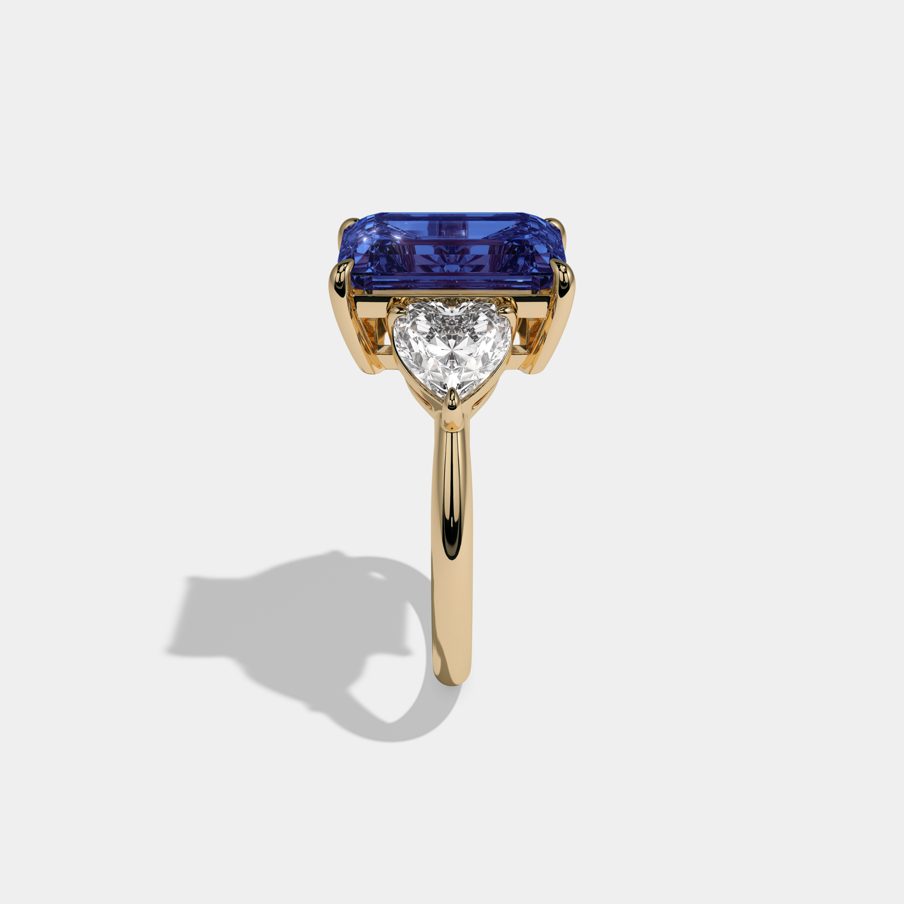 Mary Fancy Dark Blue Emerald Cut Diamond Plain Band With Heart Cut Sides Engagement Ring 8ct 18K Yellow Gold