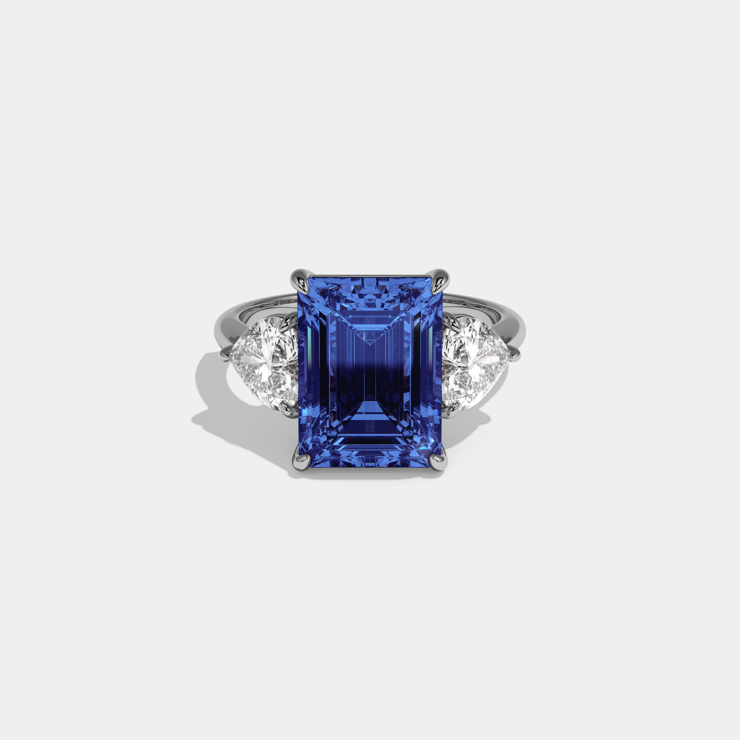 Sophia Fancy Dark Blue Emerald Cut Diamond Plain Band With Heart Cut Sides Engagement Ring 8ct 18K White Gold