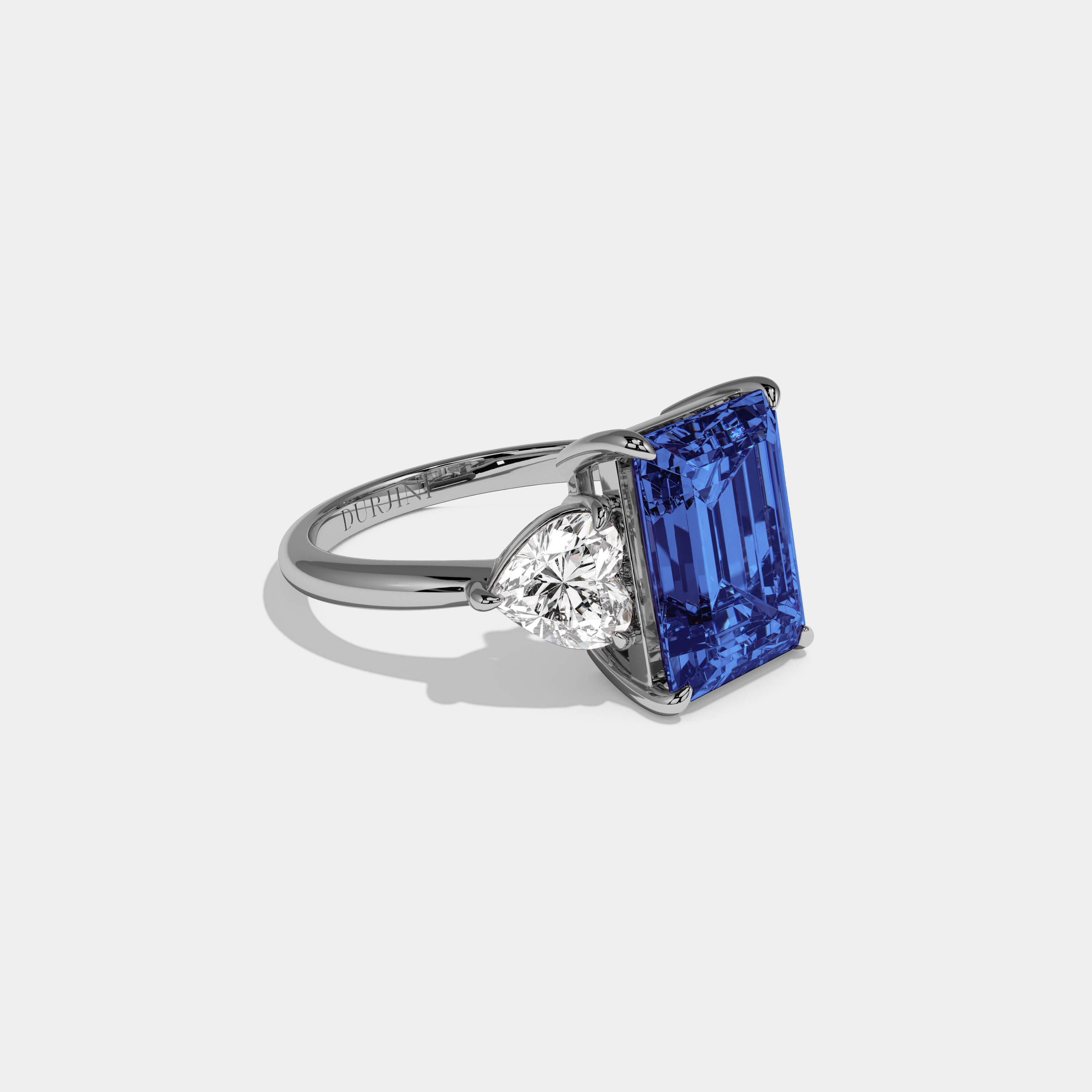 Sophia Fancy Dark Blue Emerald Cut Diamond Plain Band With Heart Cut Sides Engagement Ring 8ct 18K White Gold