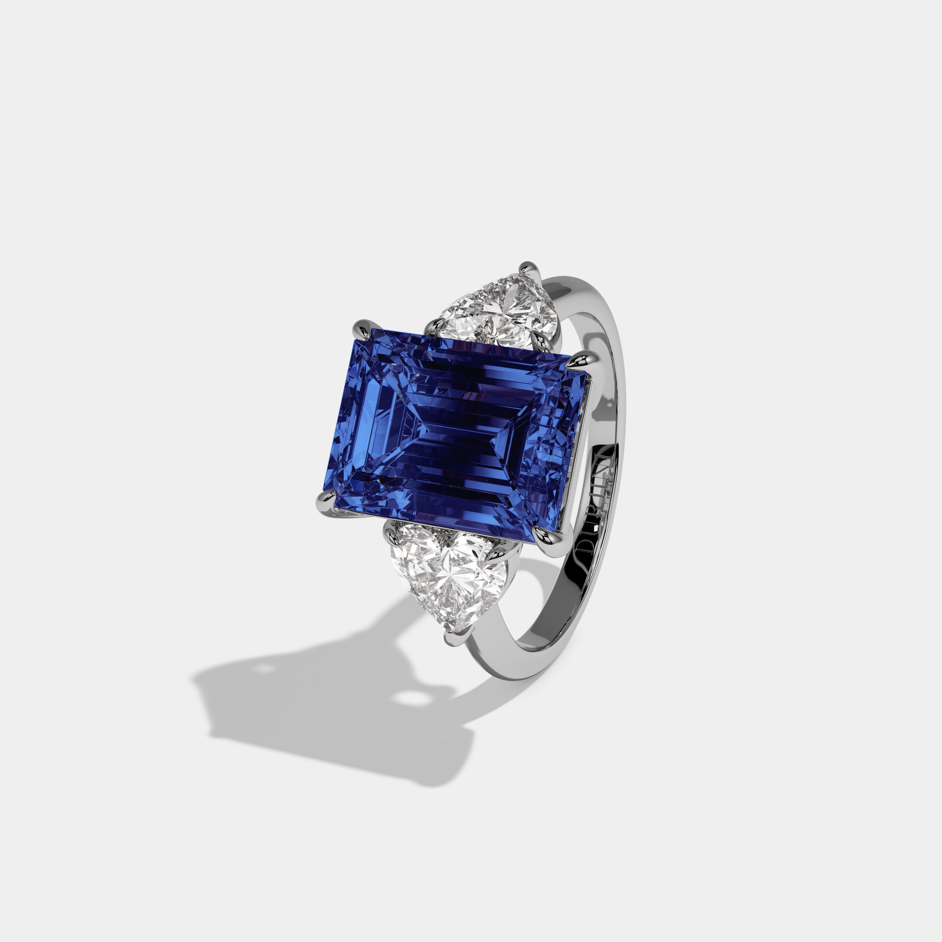 Sophia Fancy Dark Blue Emerald Cut Diamond Plain Band With Heart Cut Sides Engagement Ring 8ct 18K White Gold