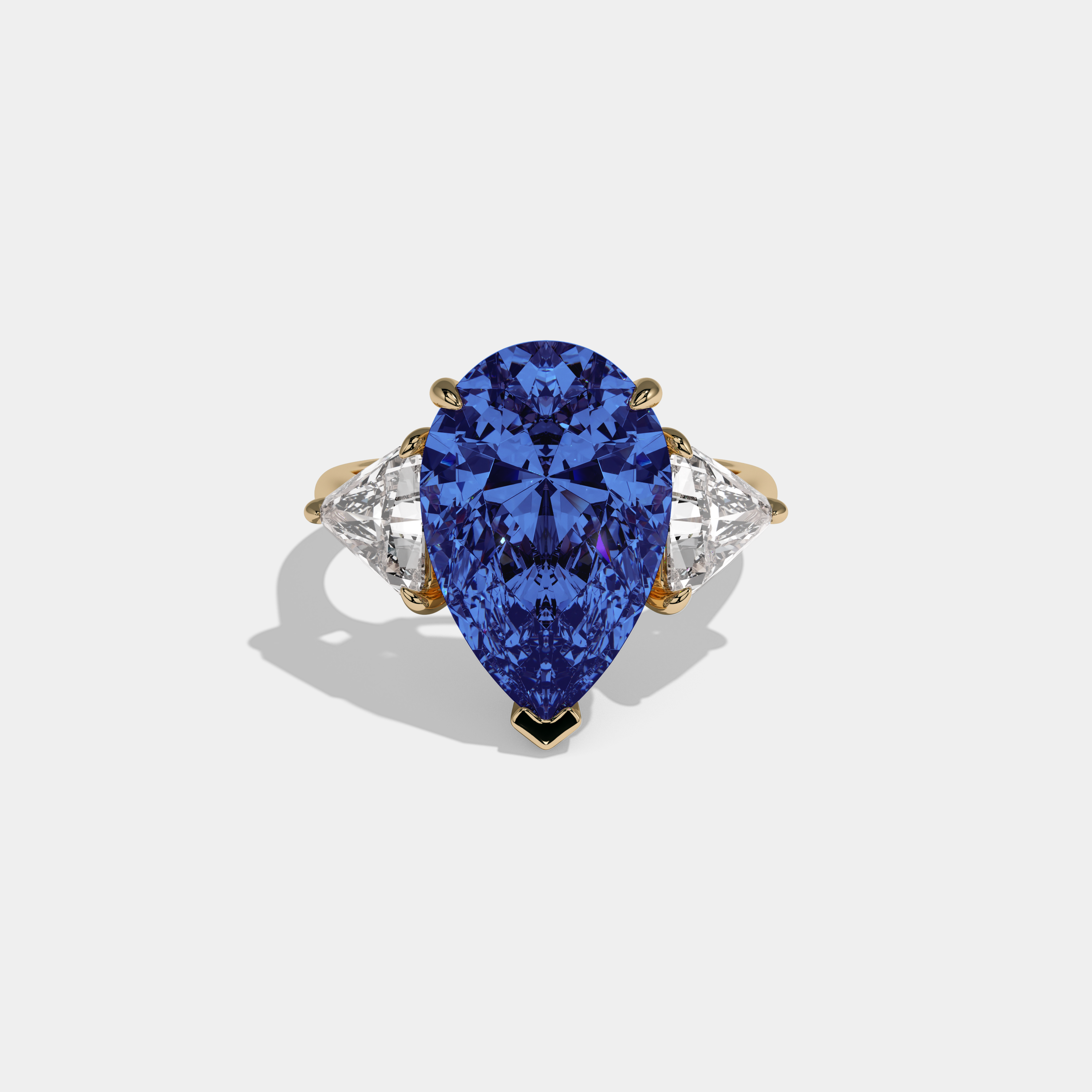 Mary Fancy Dark Blue Pear Cut Diamond Plain Band With Triangle Cut Sides Engagement Ring 8ct 18K Yellow Gold