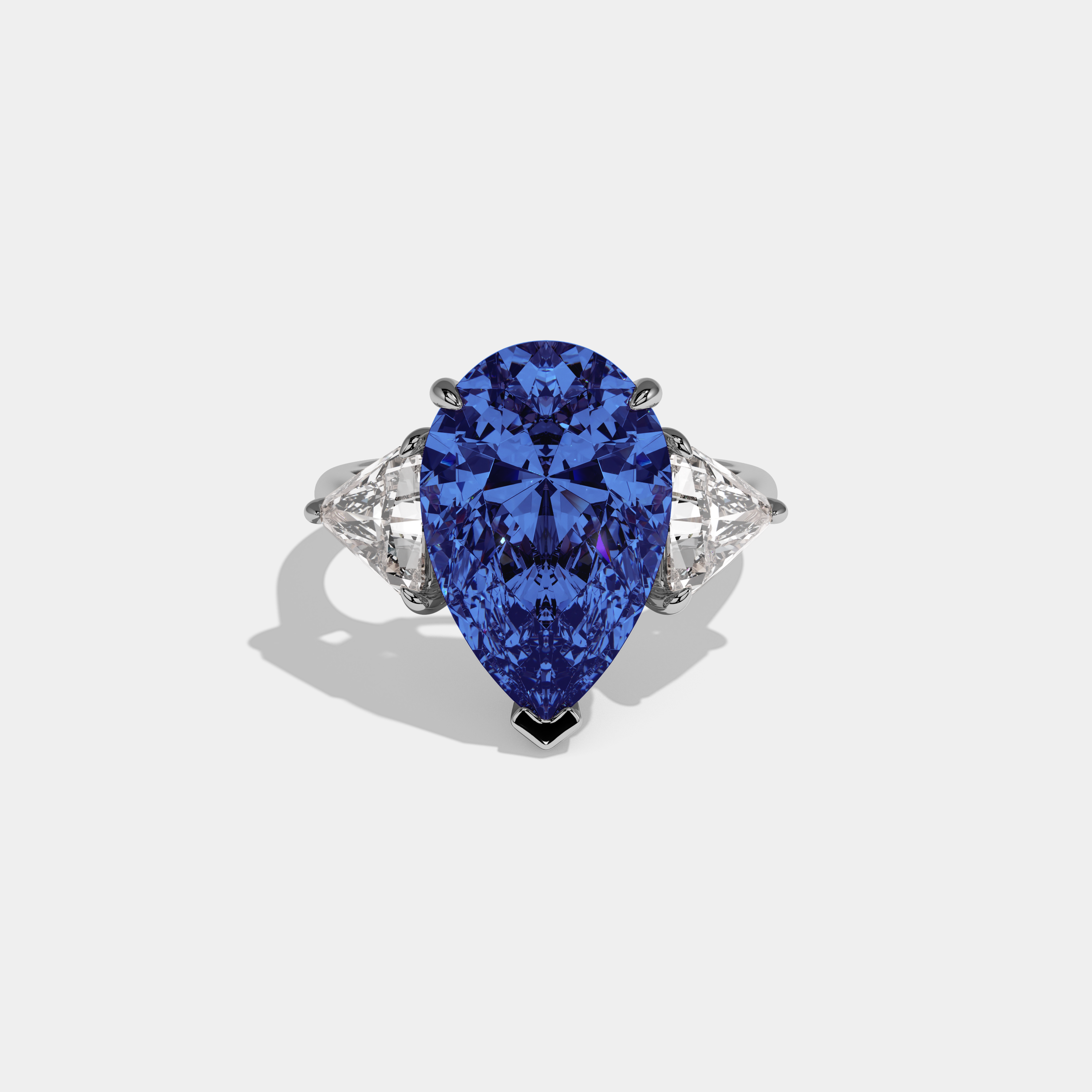 Matilda Fancy Dark Blue Pear Cut Diamond Plain Band With Triangle Cut Sides Engagement Ring 8ct 18K White Gold