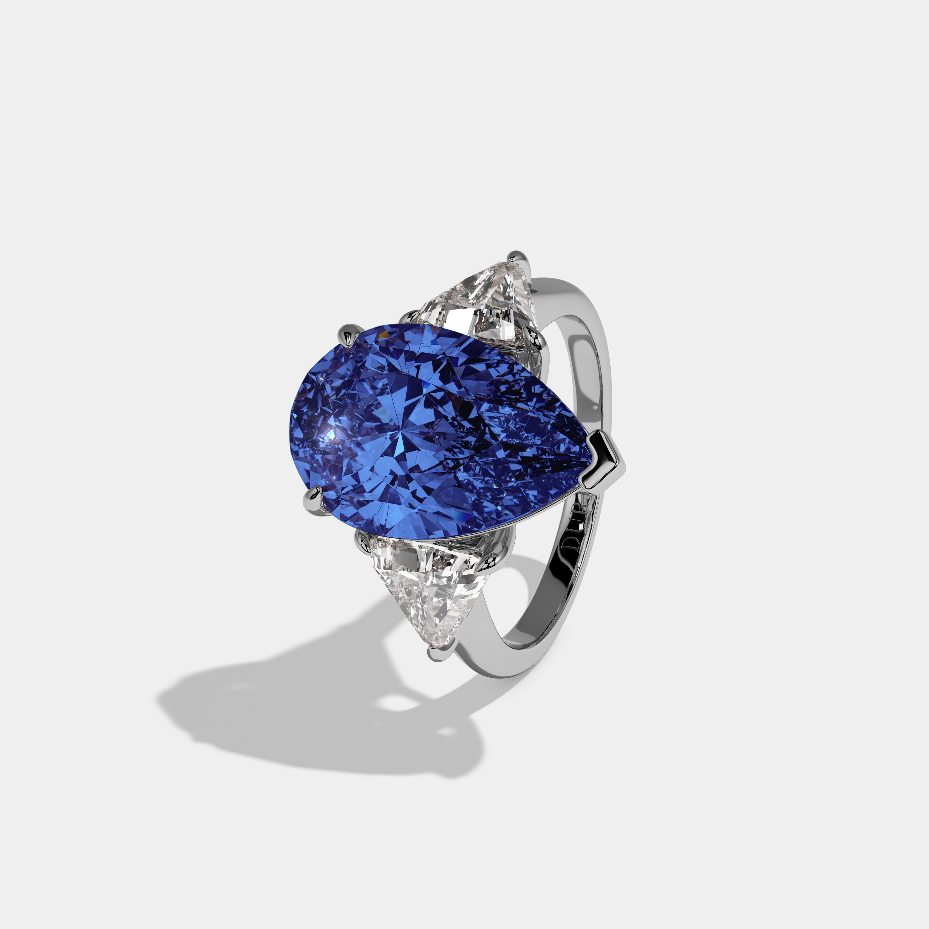 Matilda Fancy Dark Blue Pear Cut Diamond Plain Band With Triangle Cut Sides Engagement Ring 8ct 18K White Gold