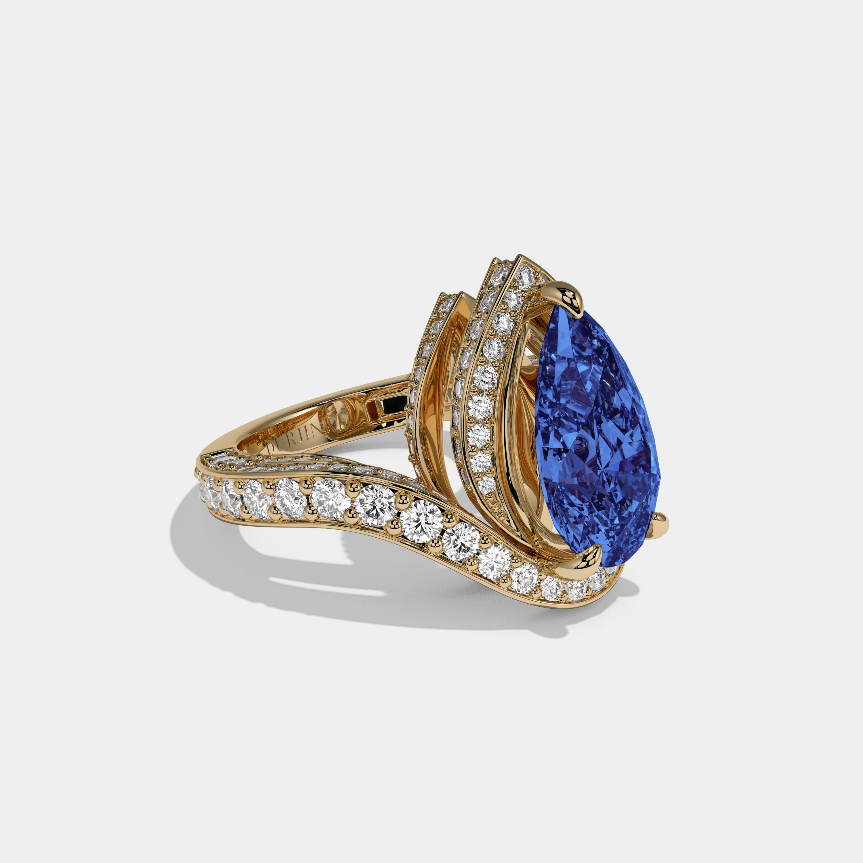 Mary Fancy Dark Blue Pear Cut Diamond Band Engagement Ring 8ct 18K Yellow Gold