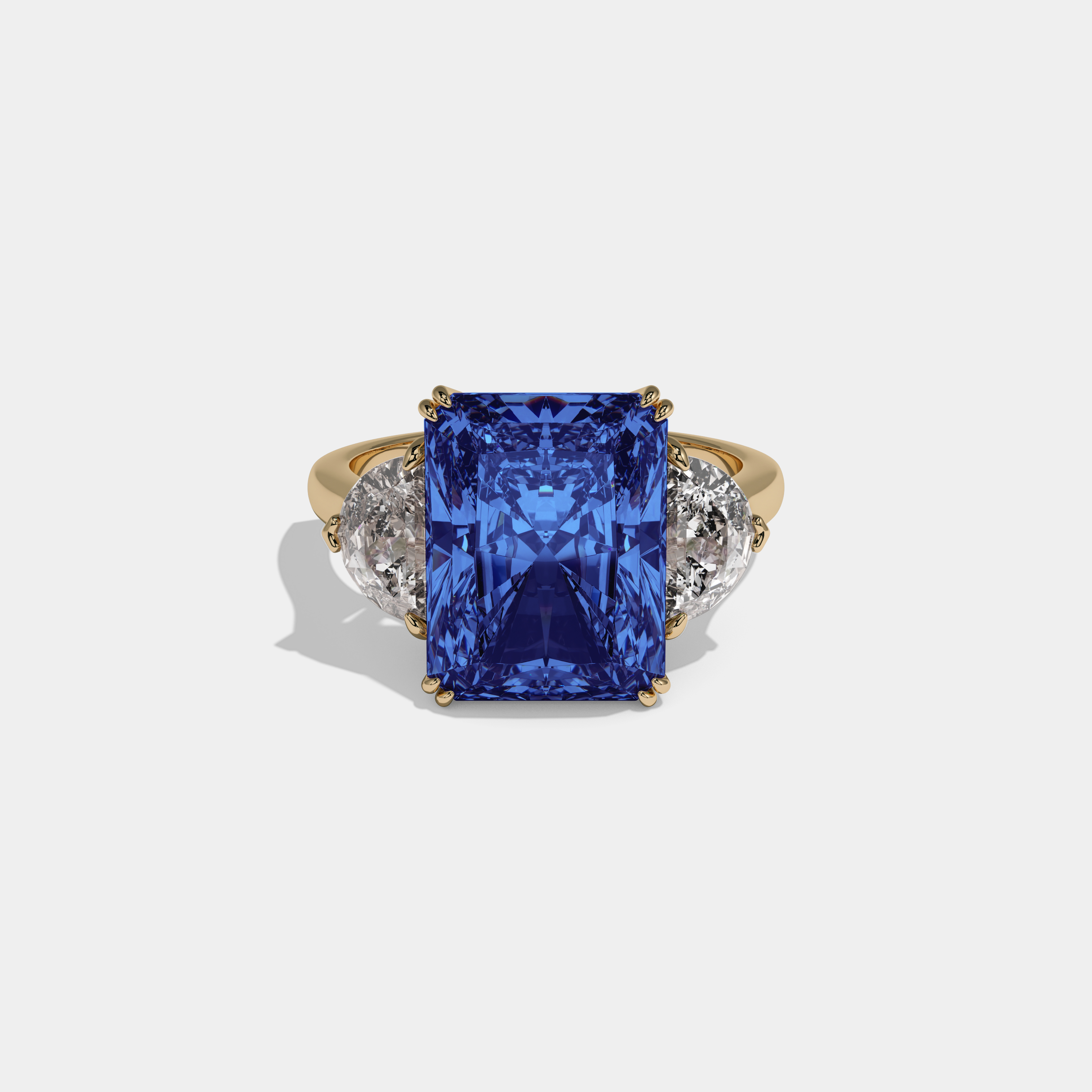 Mary Fancy Dark Blue Radiant Cut Diamond Plain Band With Half Moon Sides Engagement Ring 8ct 18K Yellow Gold