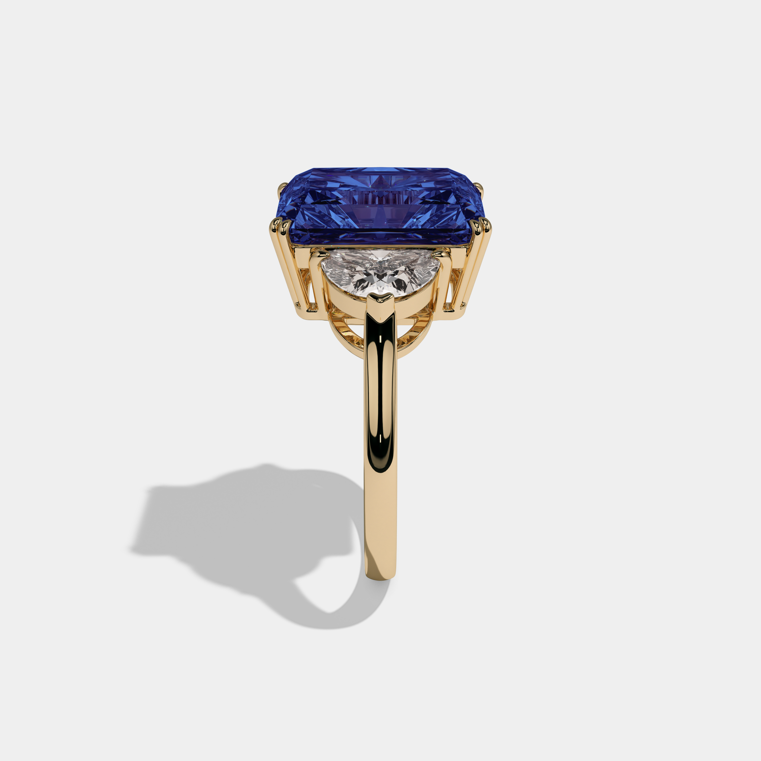 Mary Fancy Dark Blue Radiant Cut Diamond Plain Band With Half Moon Sides Engagement Ring 8ct 18K Yellow Gold