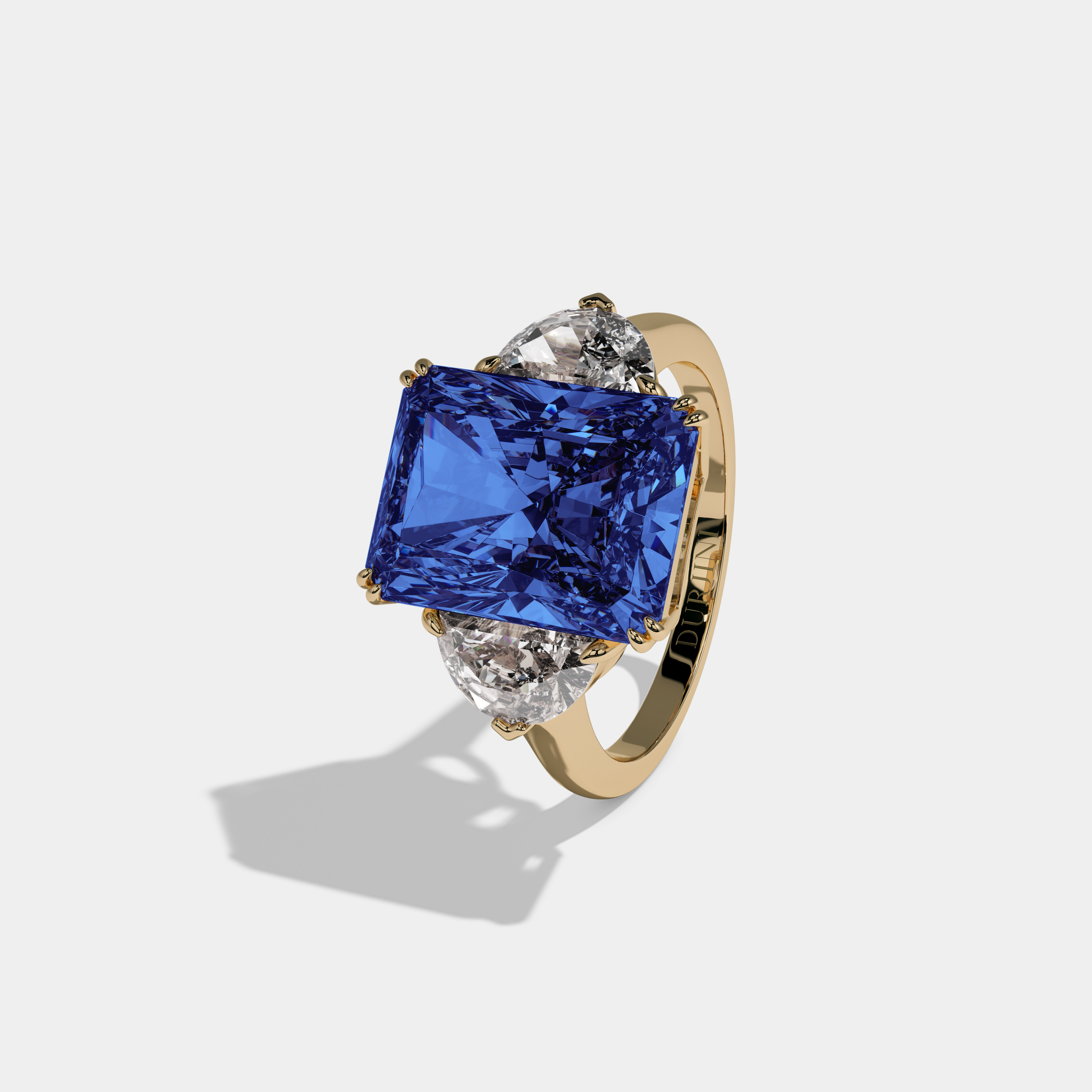Mary Fancy Dark Blue Radiant Cut Diamond Plain Band With Half Moon Sides Engagement Ring 8ct 18K Yellow Gold