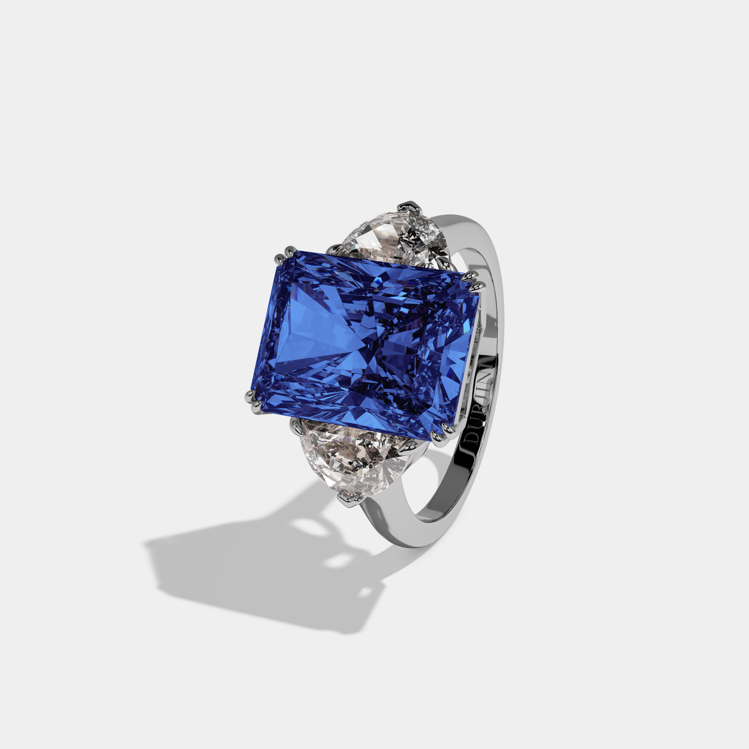 Sophia Fancy Dark Blue Radiant Cut Diamond Plain Band With Half Moon Sides Engagement Ring 8ct 18K White Gold