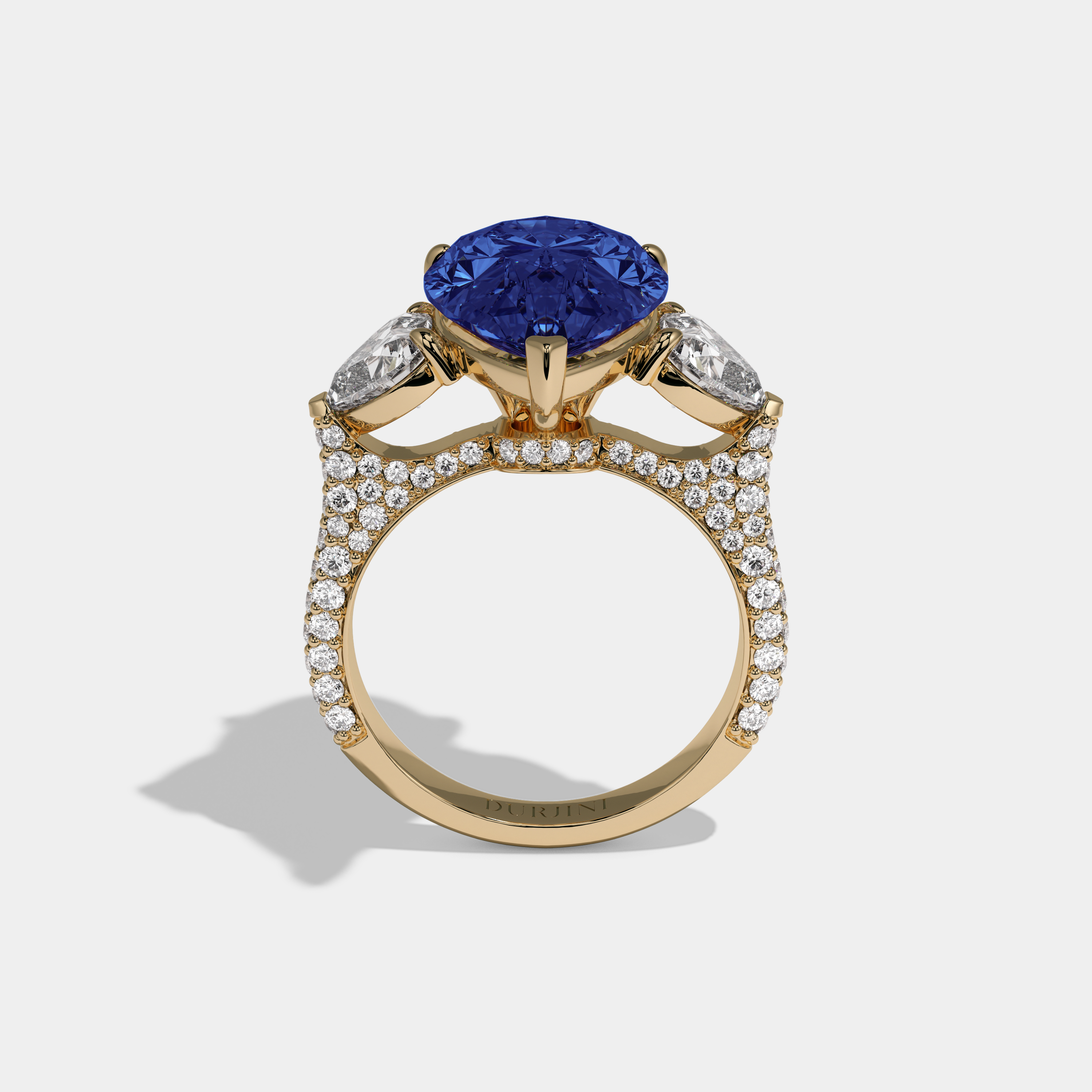 Augusta Fancy Dark Blue Pear Cut Diamond Band With Heart Cut Sides Engagement Ring 9ct 18K Yellow Gold