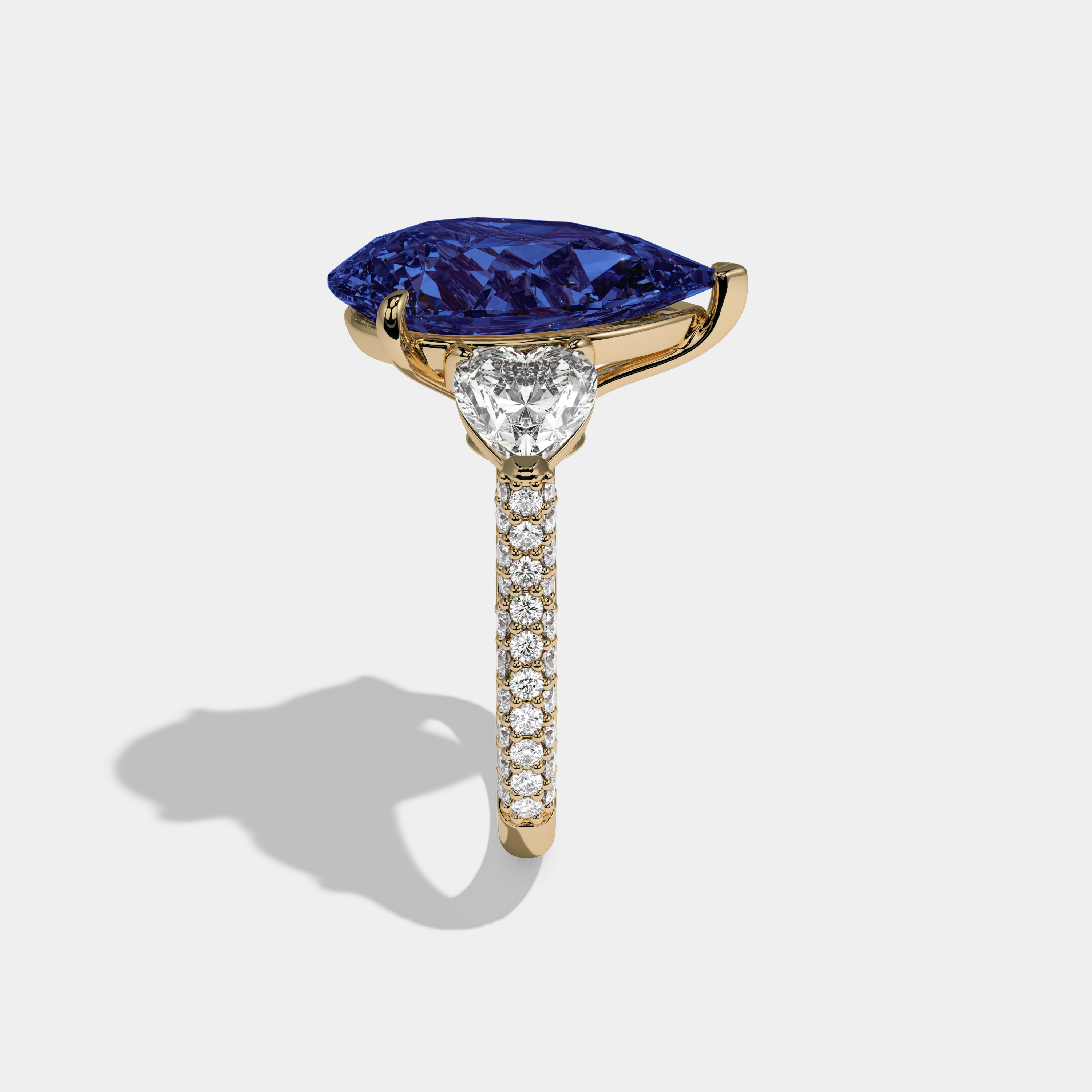 Augusta Fancy Dark Blue Pear Cut Diamond Band With Heart Cut Sides Engagement Ring 9ct 18K Yellow Gold