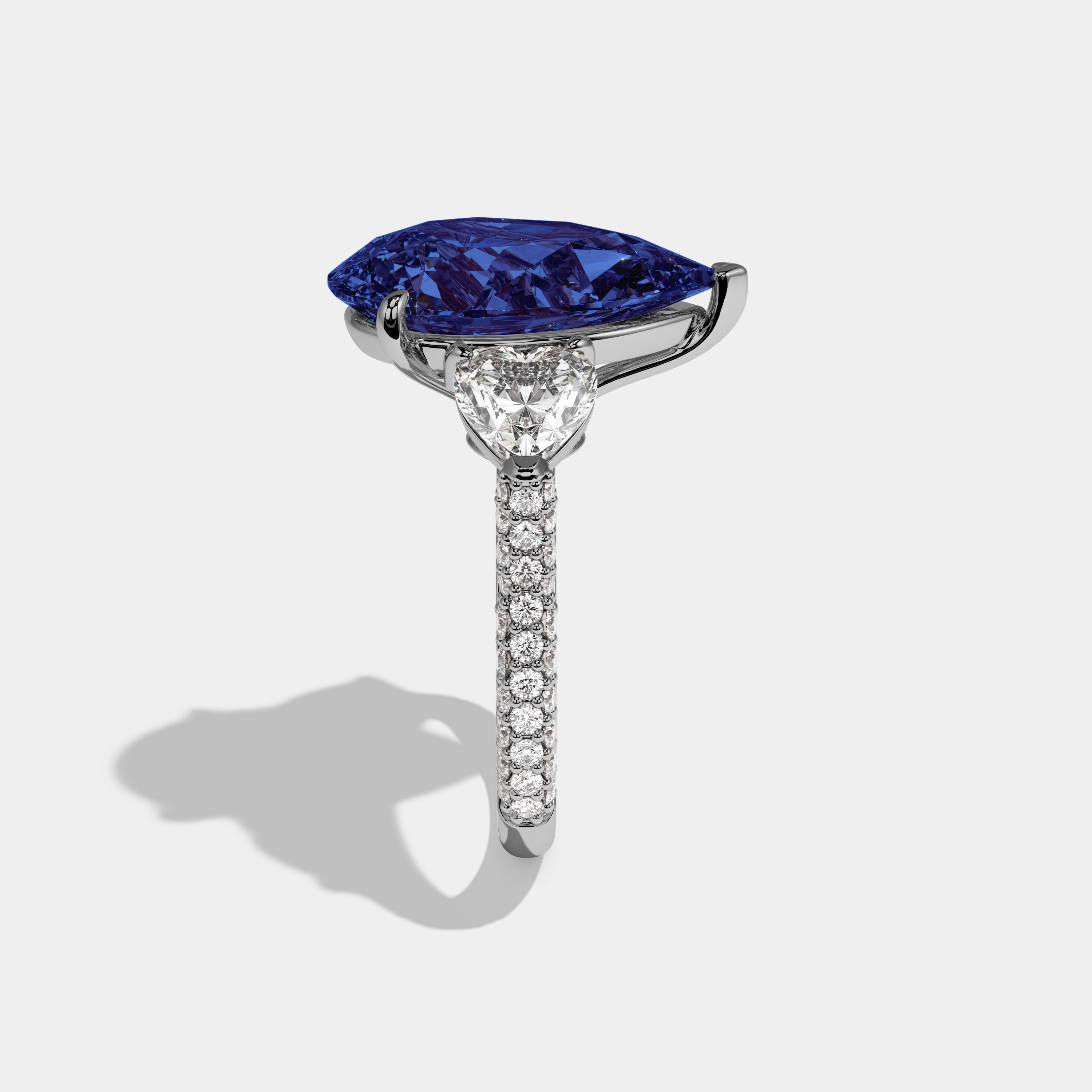 Louise Fancy Dark Blue Pear Cut Diamond Band With Heart Cut Sides Engagement Ring 9ct 18K White Gold