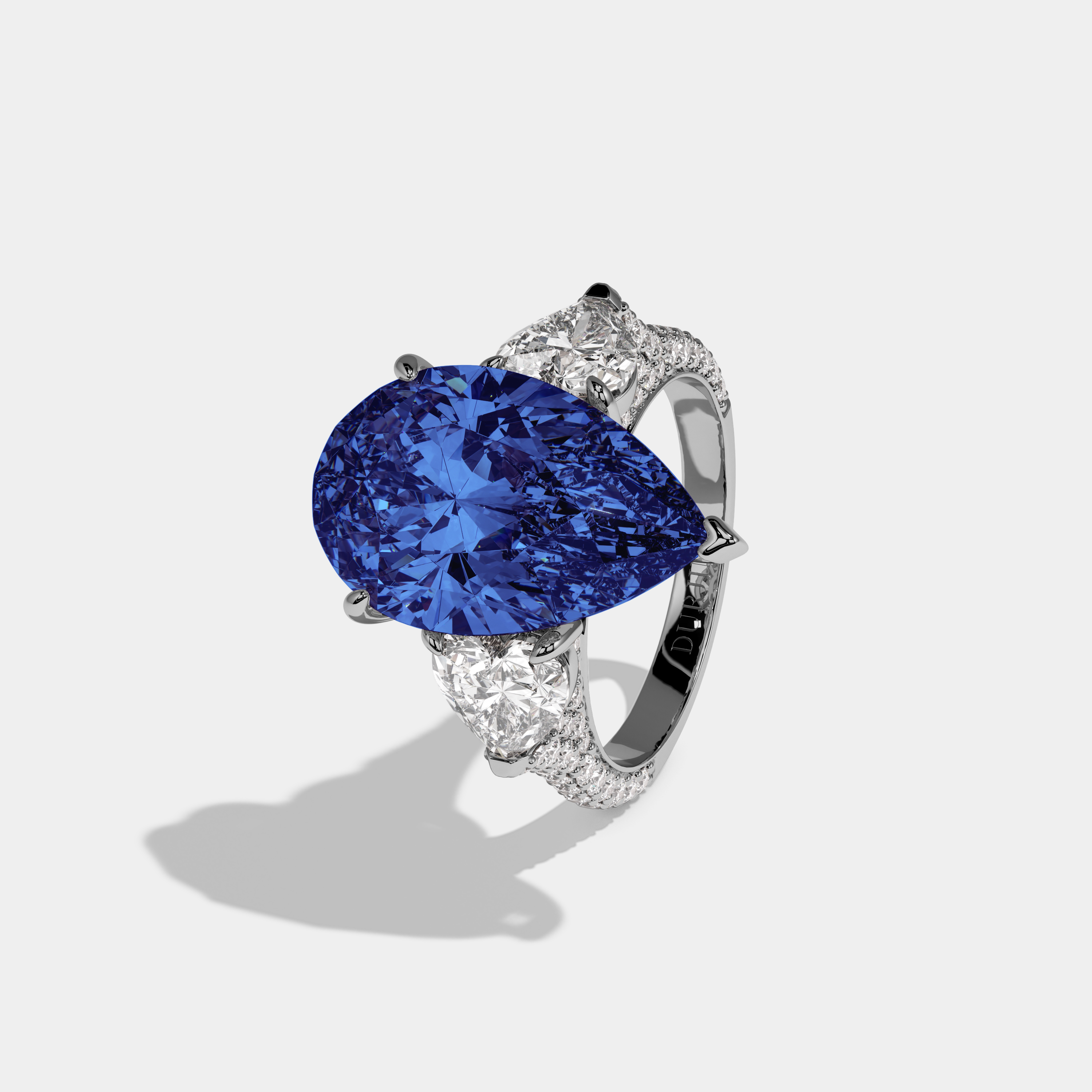 Louise Fancy Dark Blue Pear Cut Diamond Band With Heart Cut Sides Engagement Ring 9ct 18K White Gold