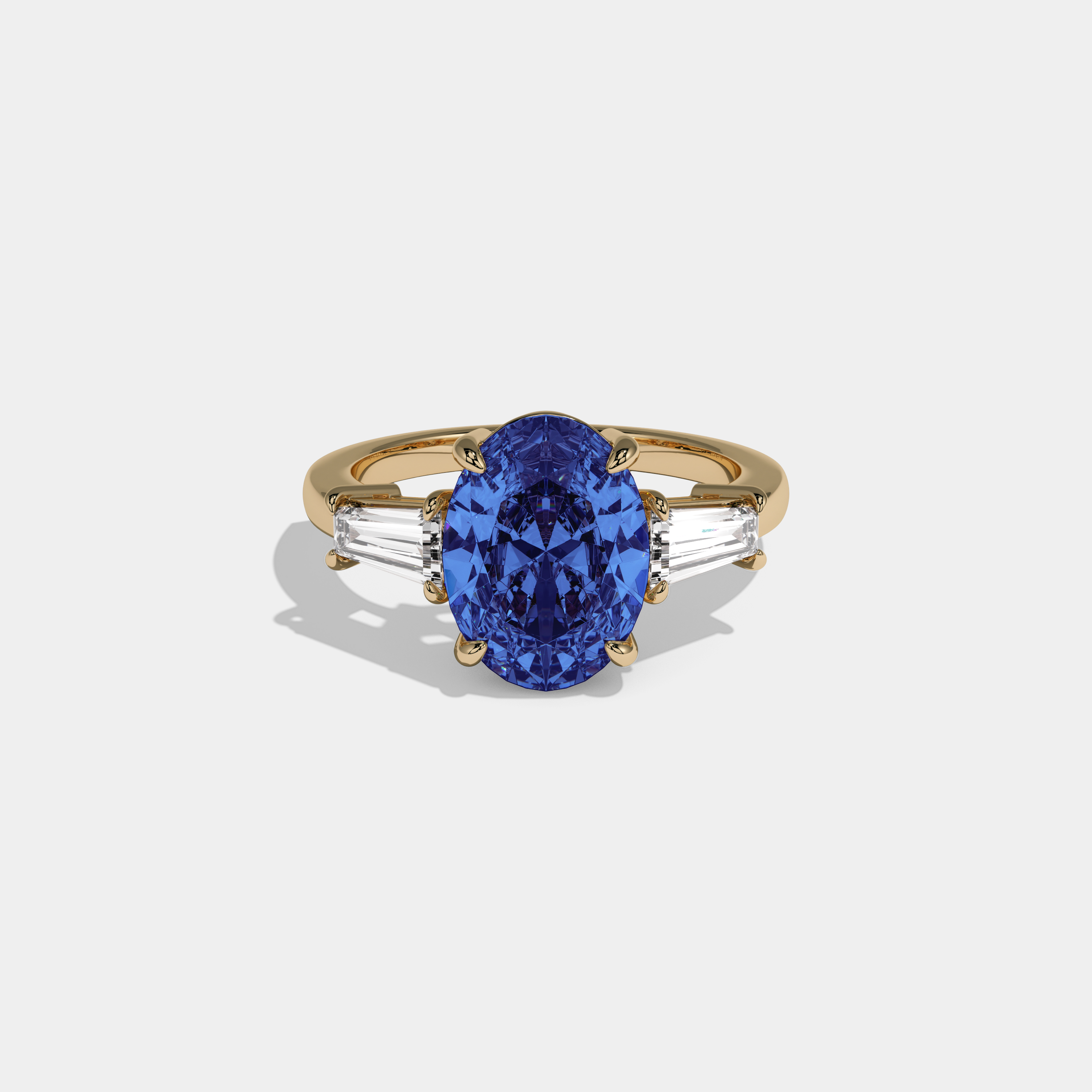Mary Fancy Dark Blue Oval Cut Diamond Plain Band Engagement Ring With Baguette Cut Sides 6ct 18K Yellow Gold