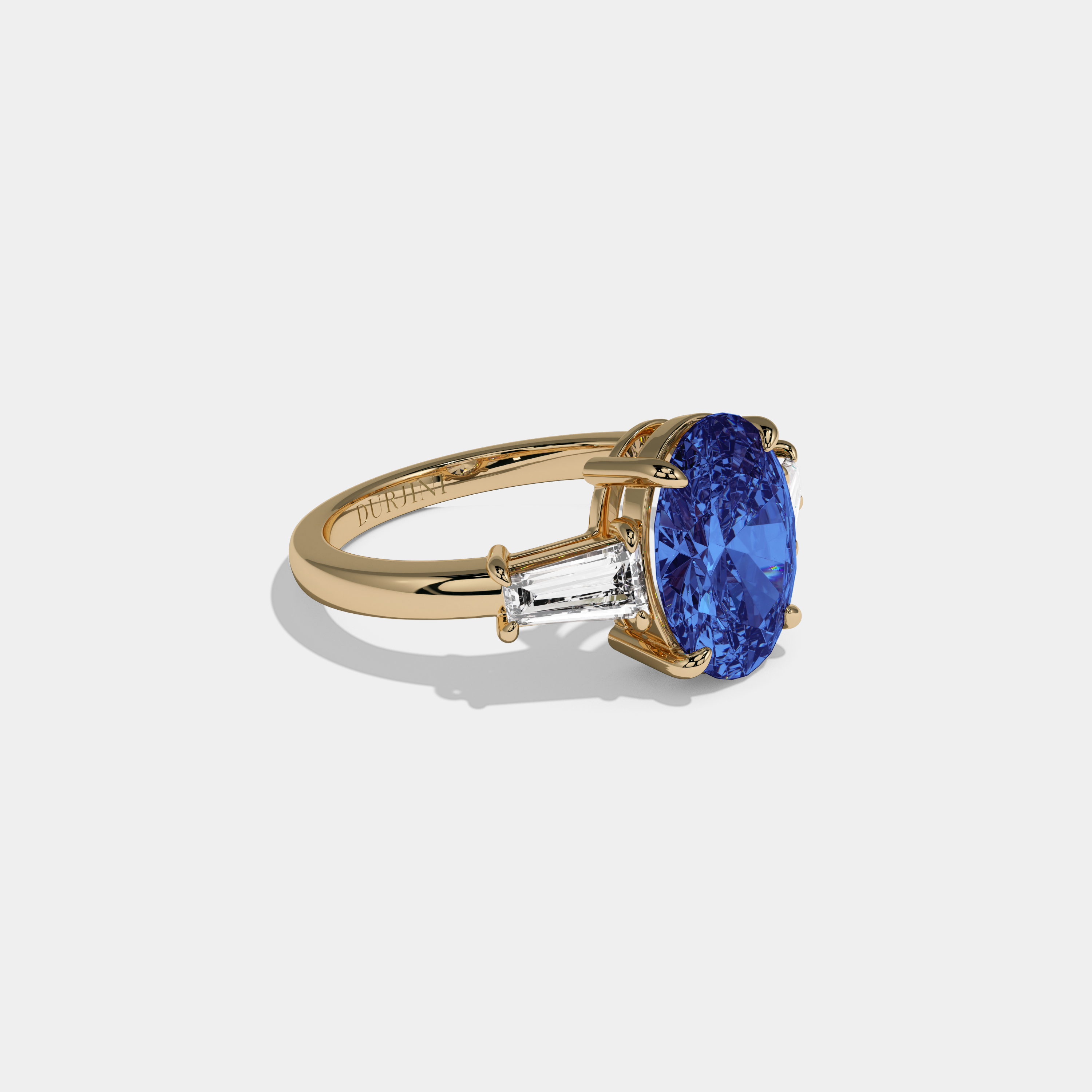 Mary Fancy Dark Blue Oval Cut Diamond Plain Band Engagement Ring With Baguette Cut Sides 6ct 18K Yellow Gold