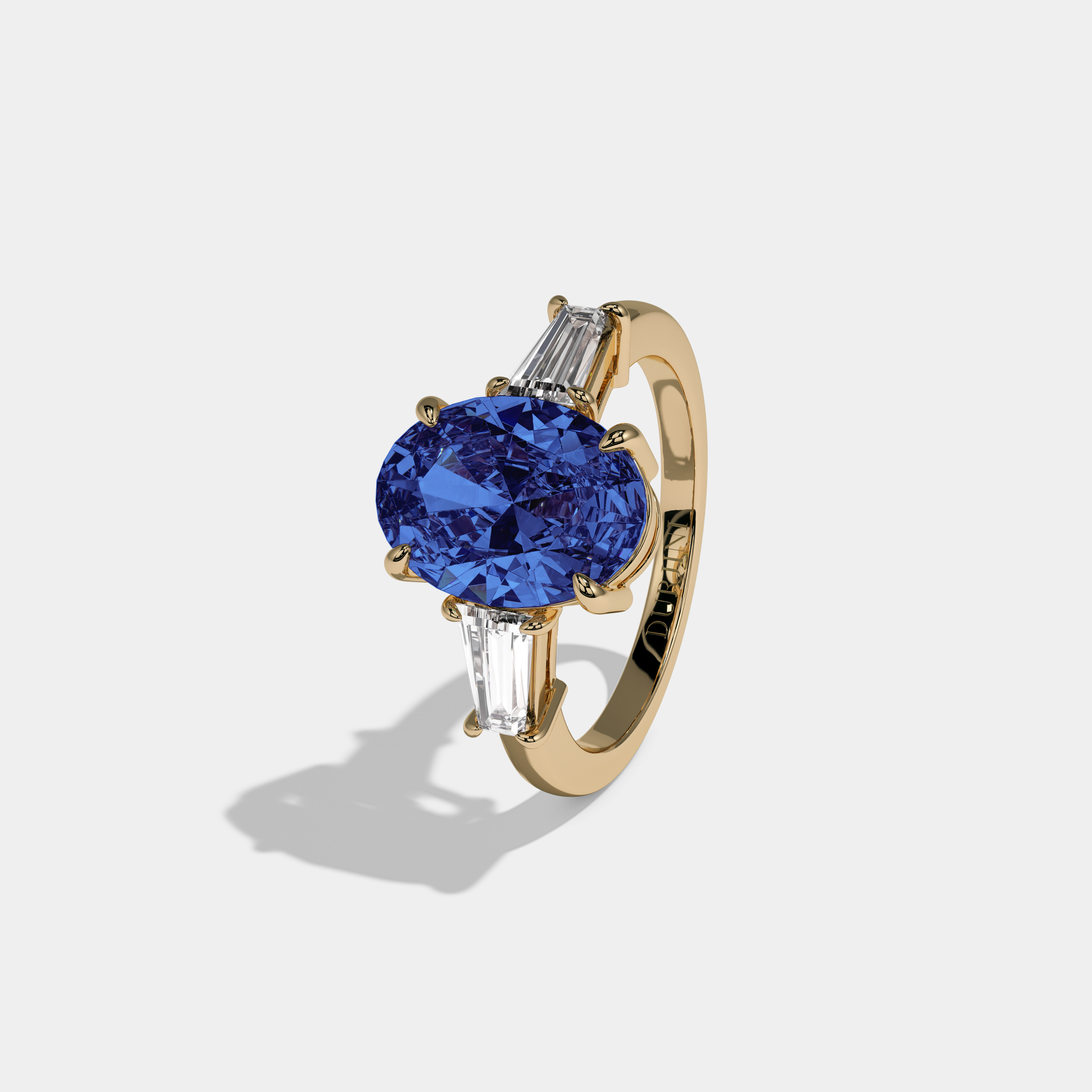 Mary Fancy Dark Blue Oval Cut Diamond Plain Band Engagement Ring With Baguette Cut Sides 6ct 18K Yellow Gold