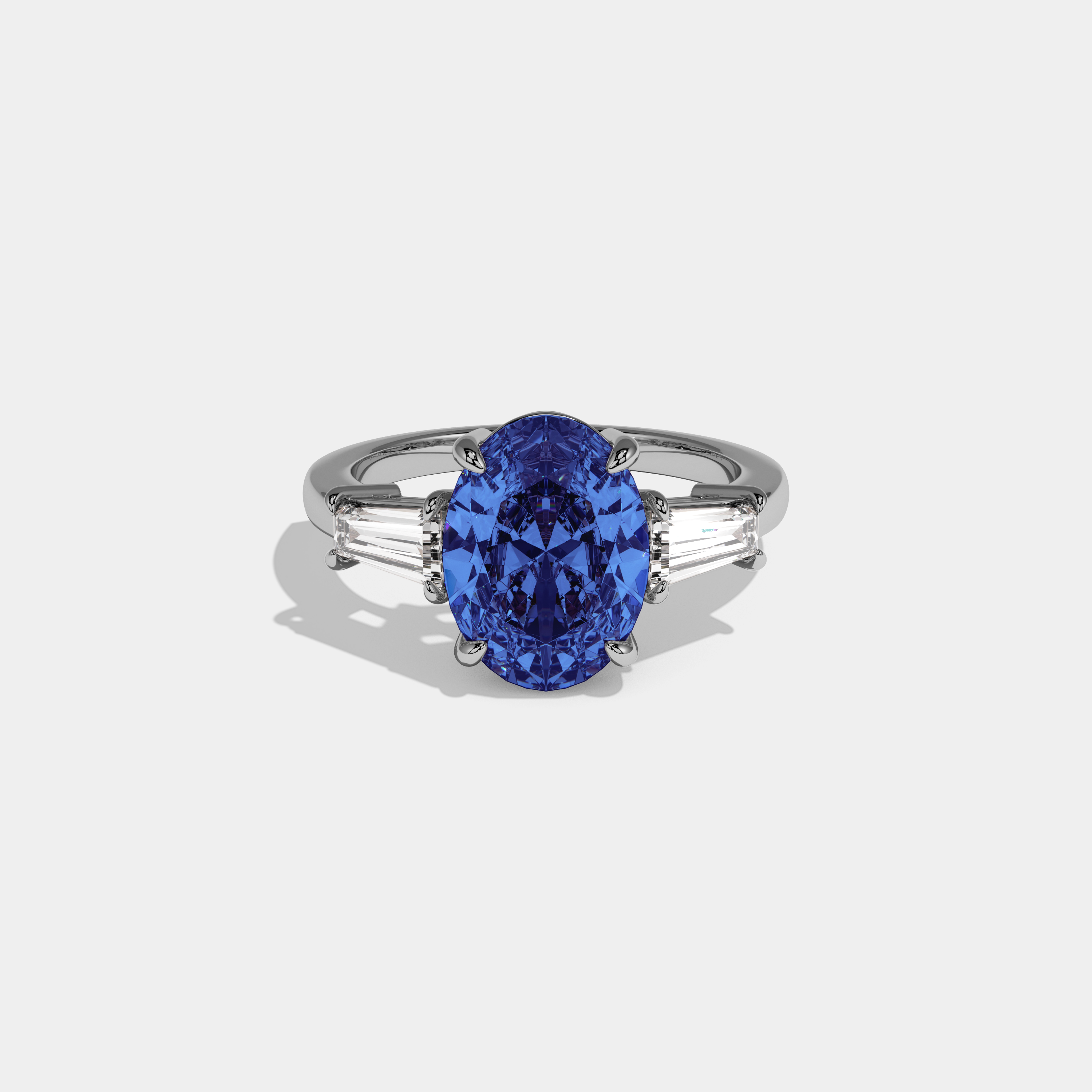 Sophia Fancy Dark Blue Oval Cut Diamond Plain Band Engagement Ring With Baguette Cut Sides 6ct 18K White Gold