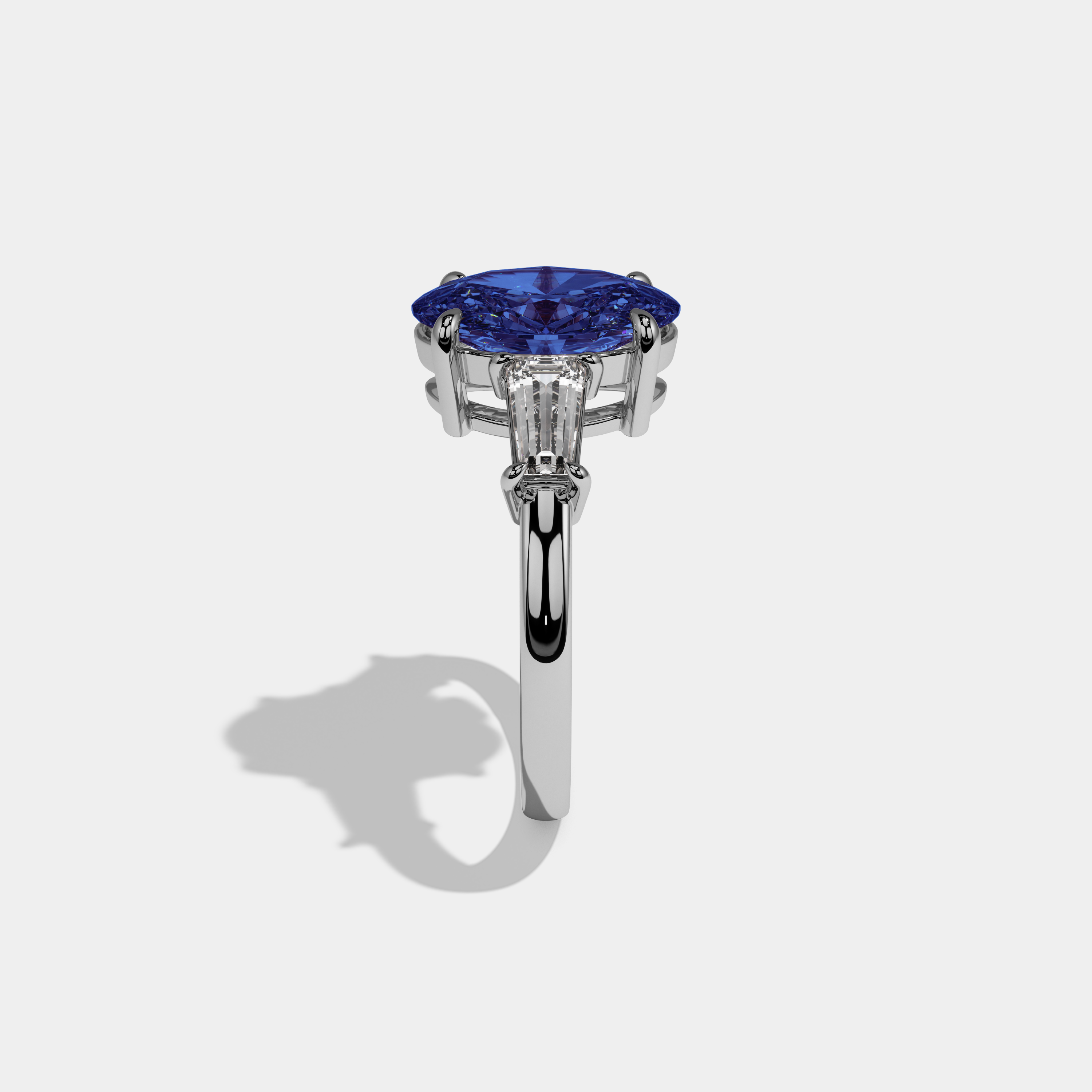 Sophia Fancy Dark Blue Oval Cut Diamond Plain Band Engagement Ring With Baguette Cut Sides 6ct 18K White Gold