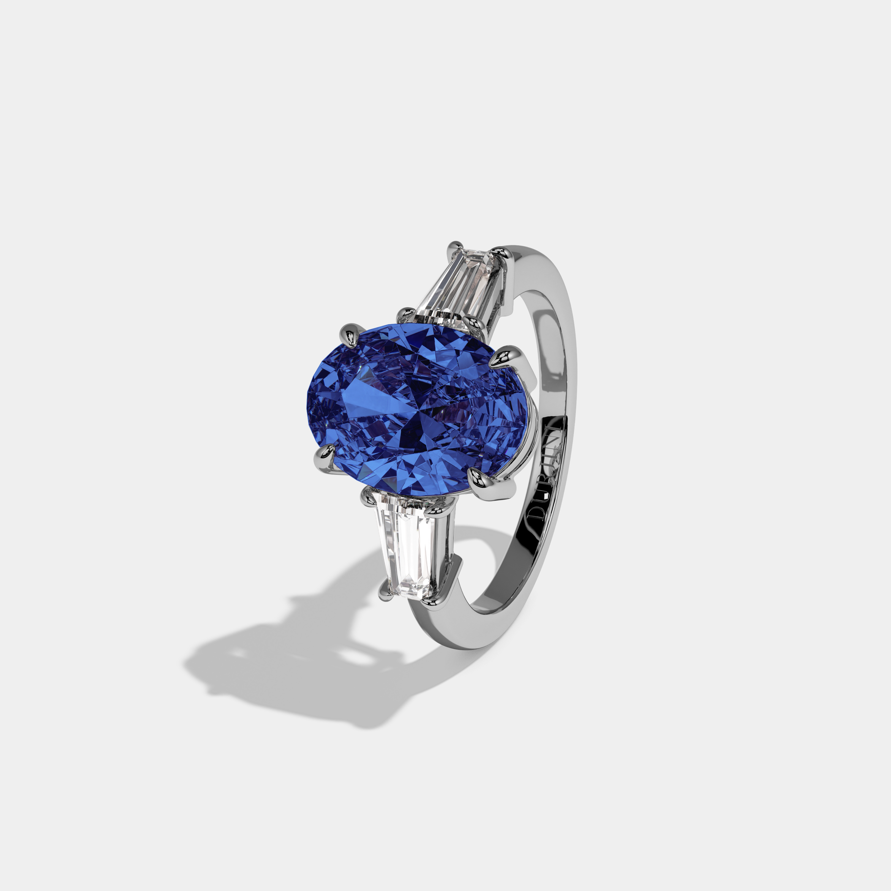 Sophia Fancy Dark Blue Oval Cut Diamond Plain Band Engagement Ring With Baguette Cut Sides 6ct 18K White Gold