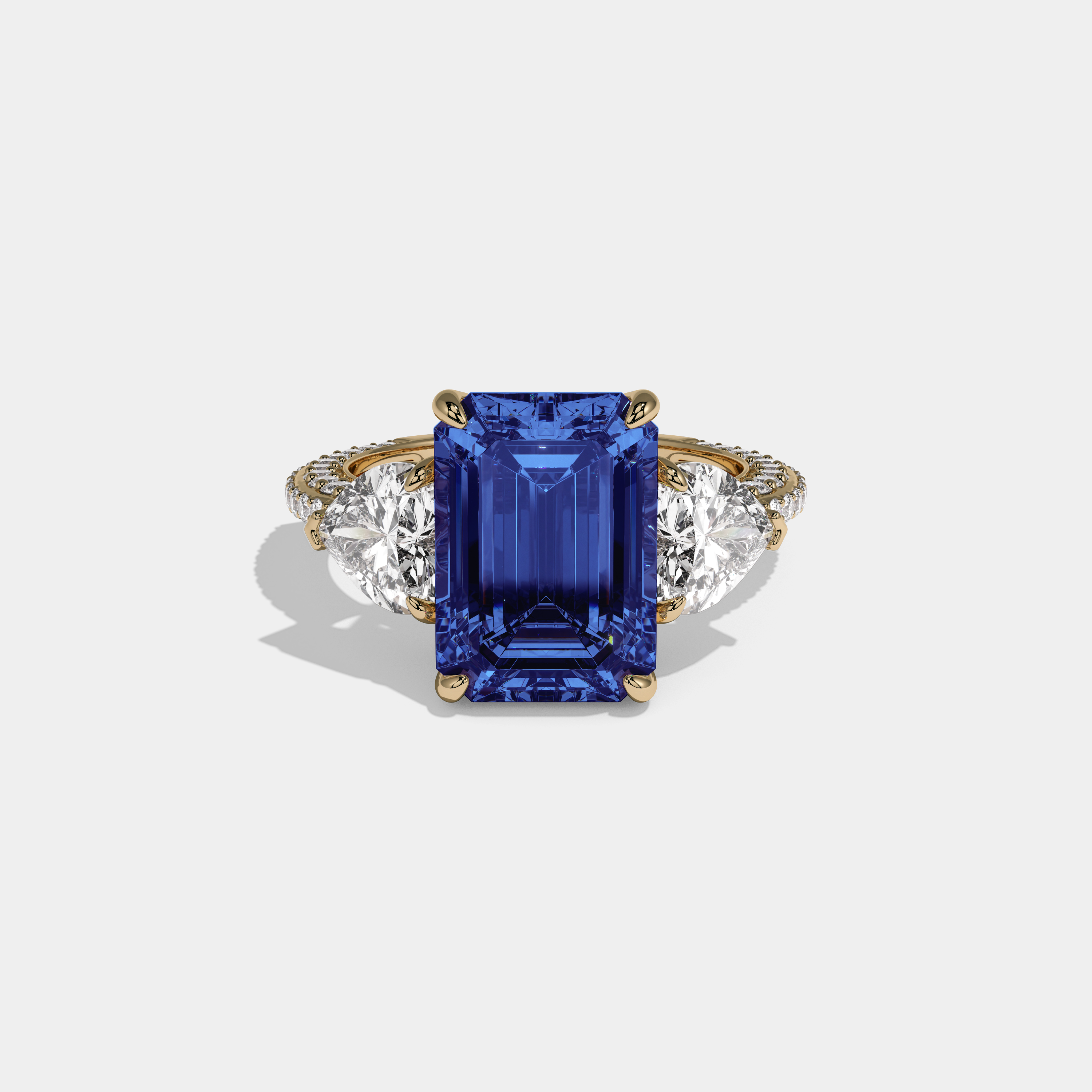 Margaret Fancy Dark Blue Emerald Cut Diamond Band With Heart Cut Sides Engagement Ring 8ct 18K Yellow Gold