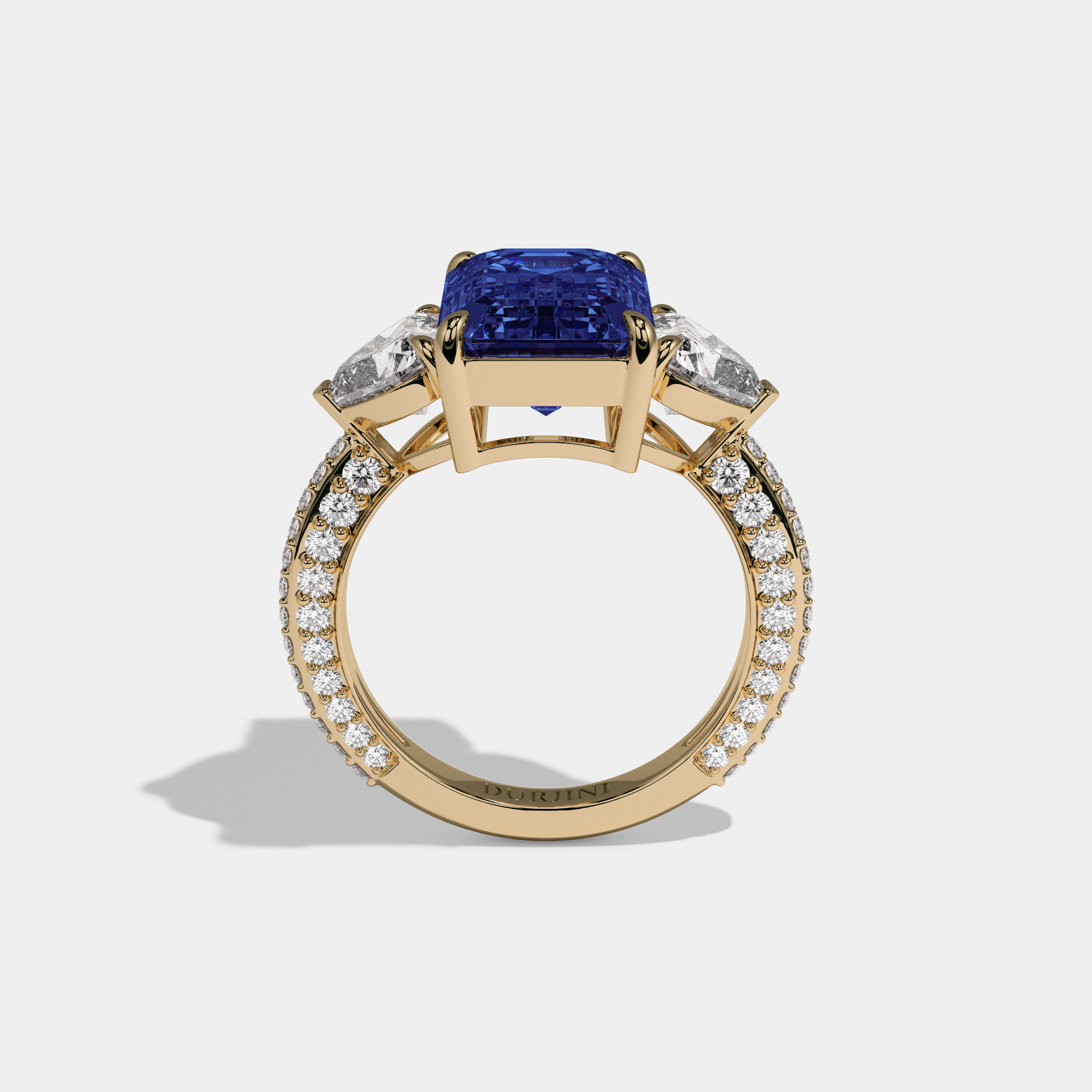 Margaret Fancy Dark Blue Emerald Cut Diamond Band With Heart Cut Sides Engagement Ring 8ct 18K Yellow Gold