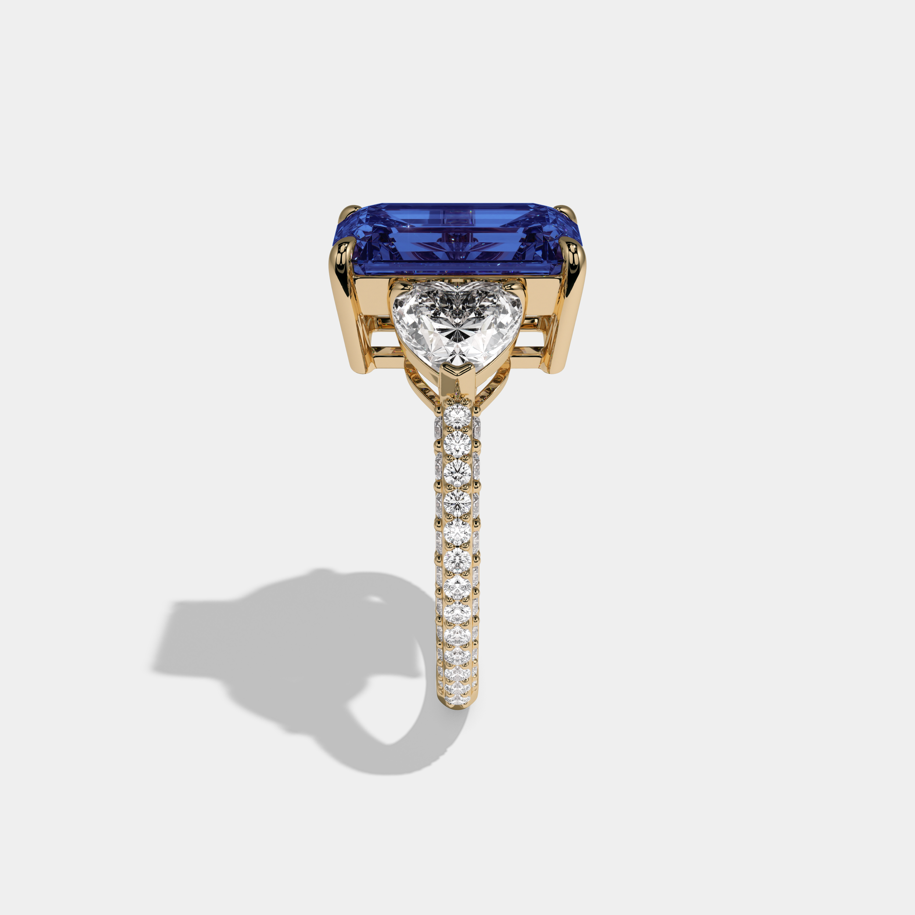 Margaret Fancy Dark Blue Emerald Cut Diamond Band With Heart Cut Sides Engagement Ring 8ct 18K Yellow Gold