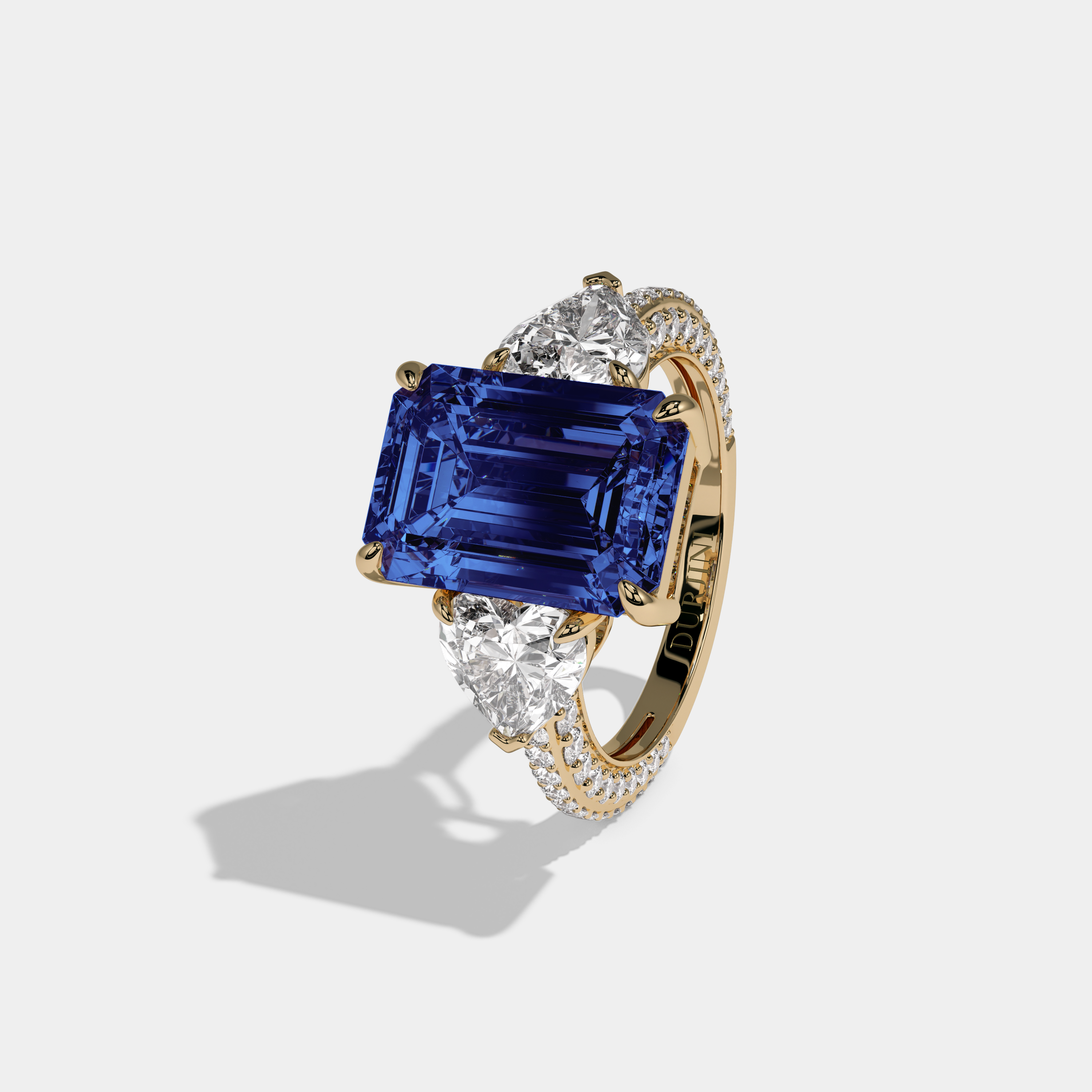Margaret Fancy Dark Blue Emerald Cut Diamond Band With Heart Cut Sides Engagement Ring 8ct 18K Yellow Gold
