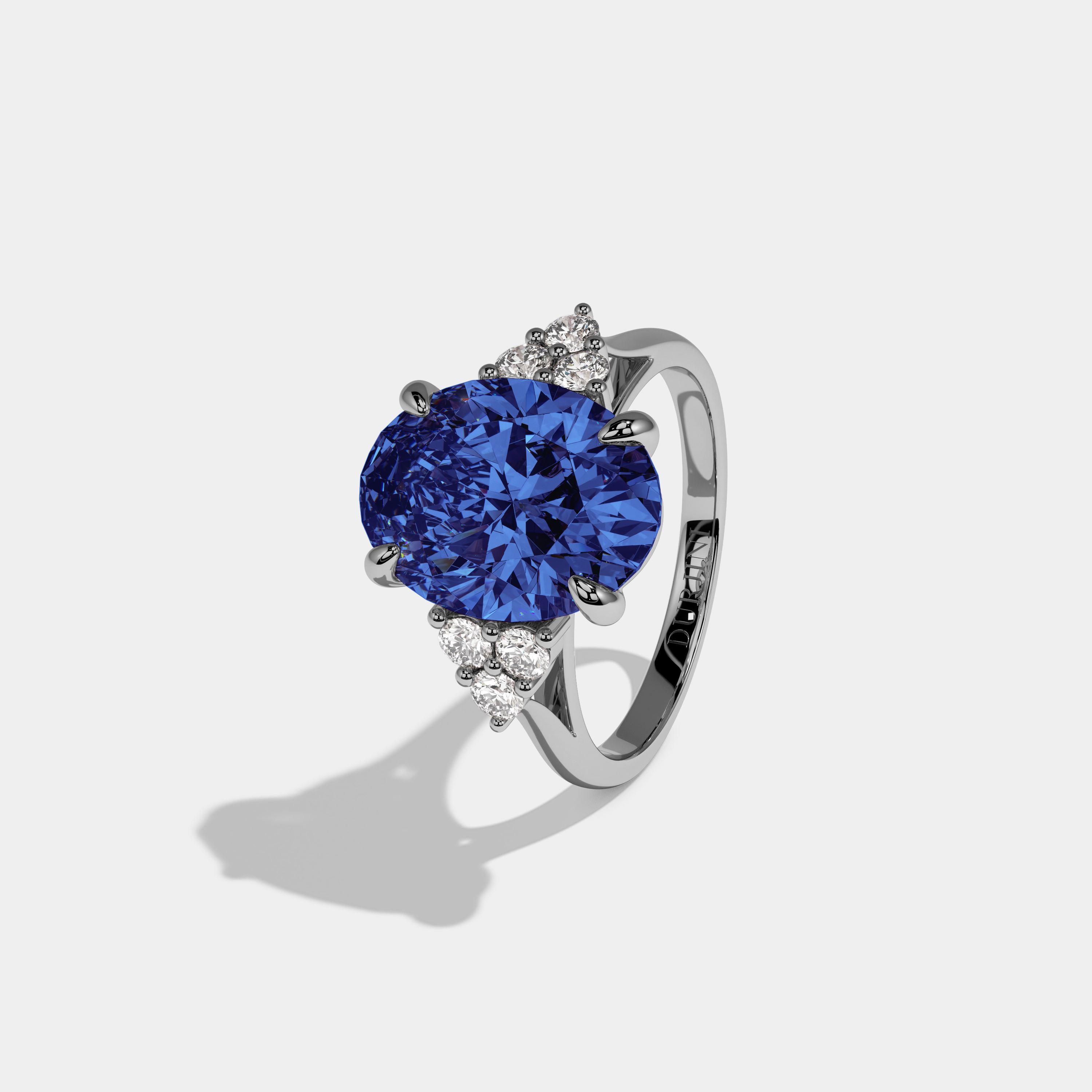 Catherine Fancy Dark Blue Oval Cut Diamond Plain Band Engagement Ring With Round Sides 6ct 18K White Gold